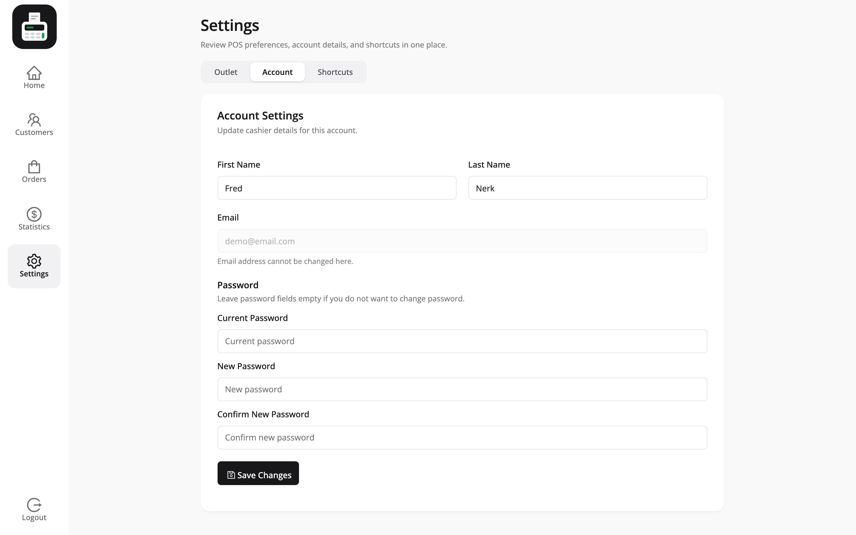 The Account tab of POS Settings with name and password fields