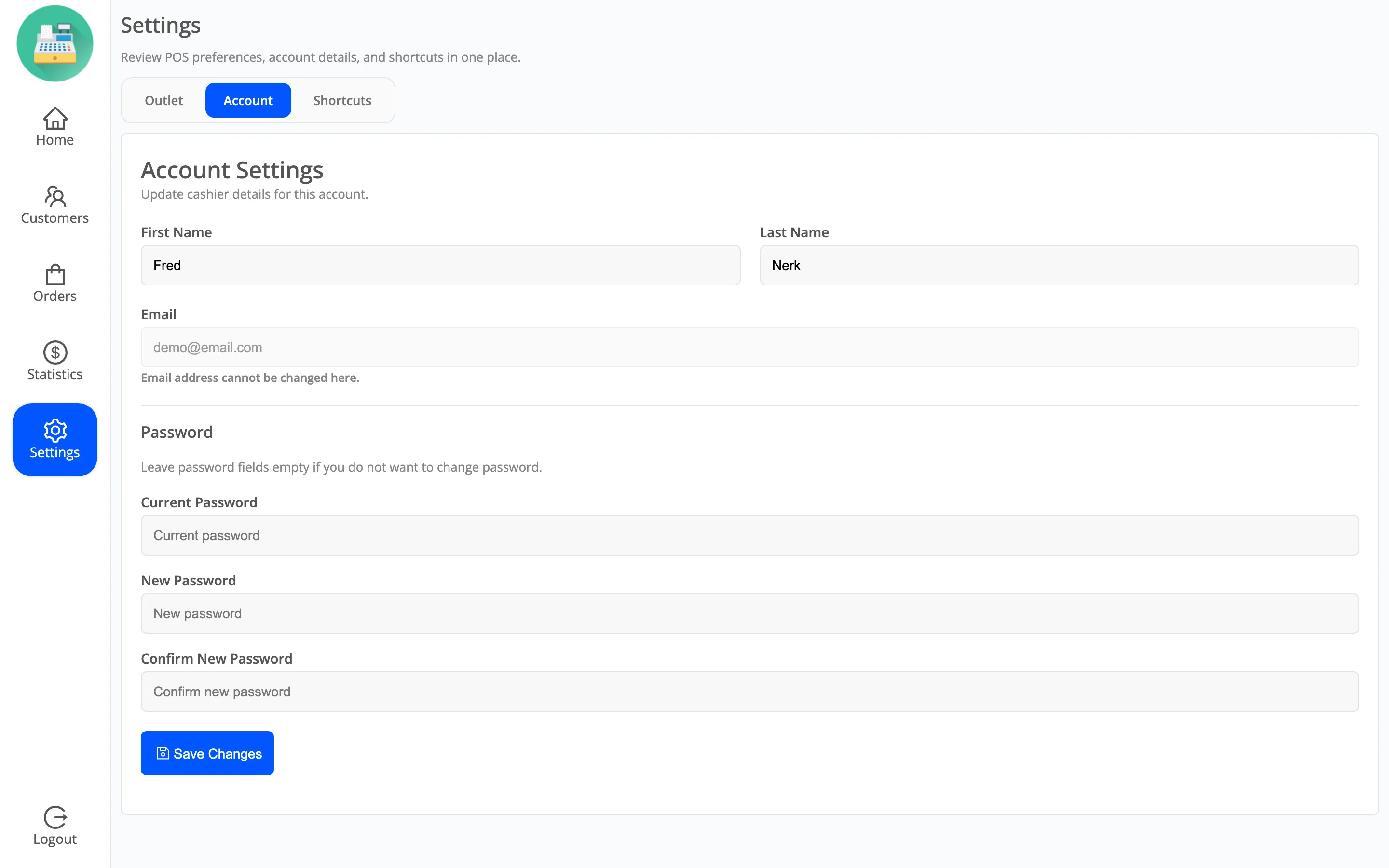 The account section of POS settings with name and password fields