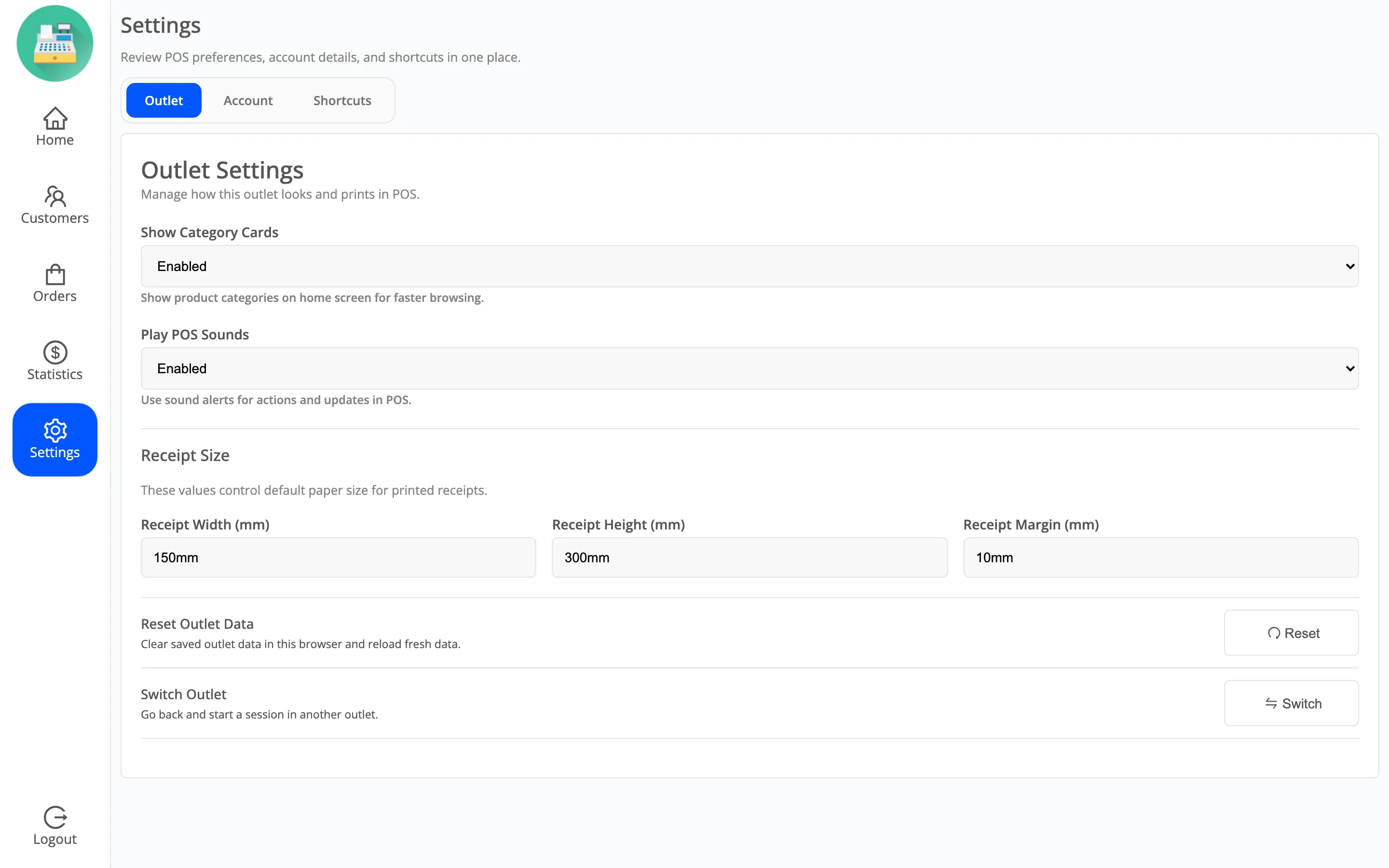 The POS settings screen showing the outlet section