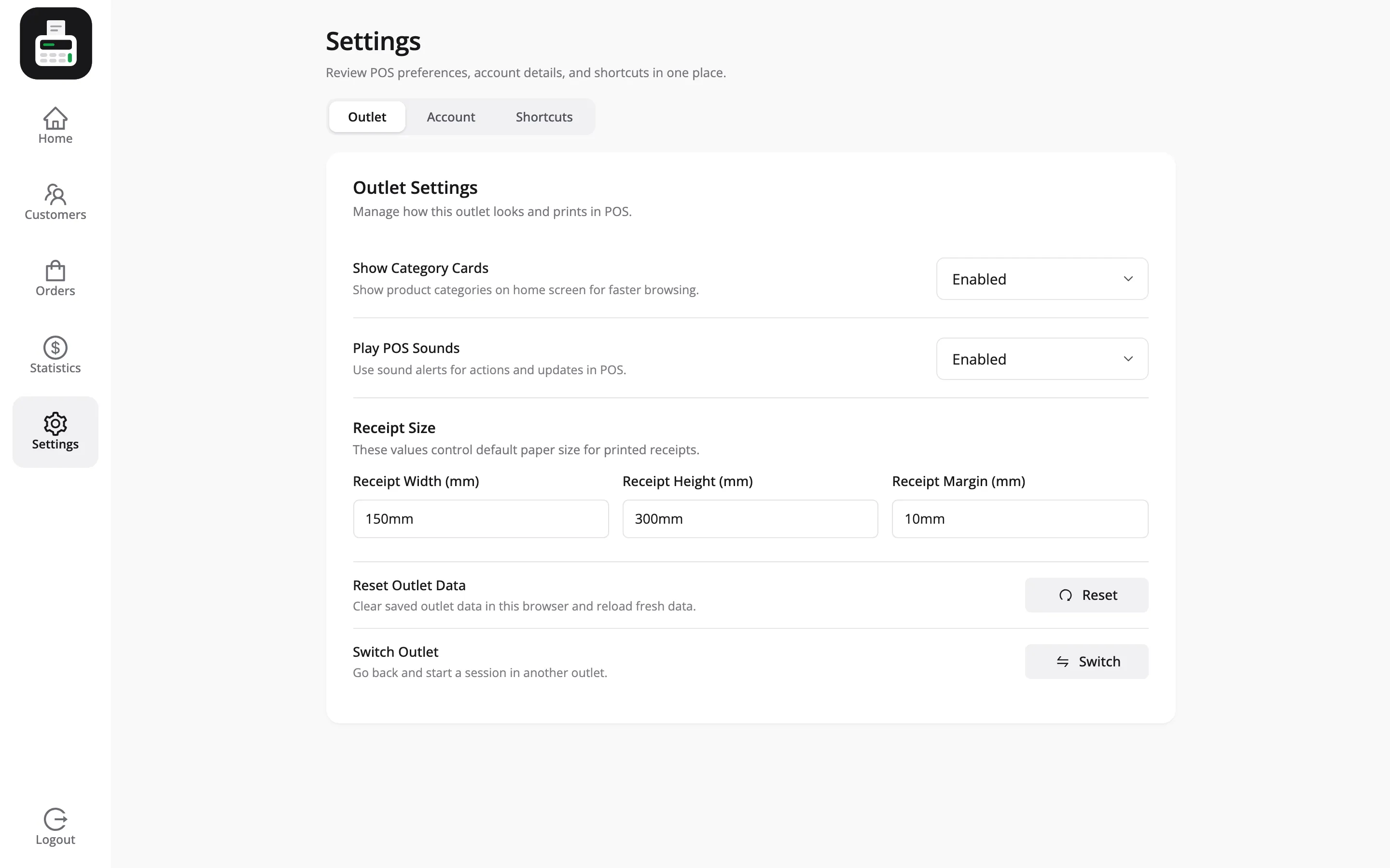The POS settings screen showing the outlet section