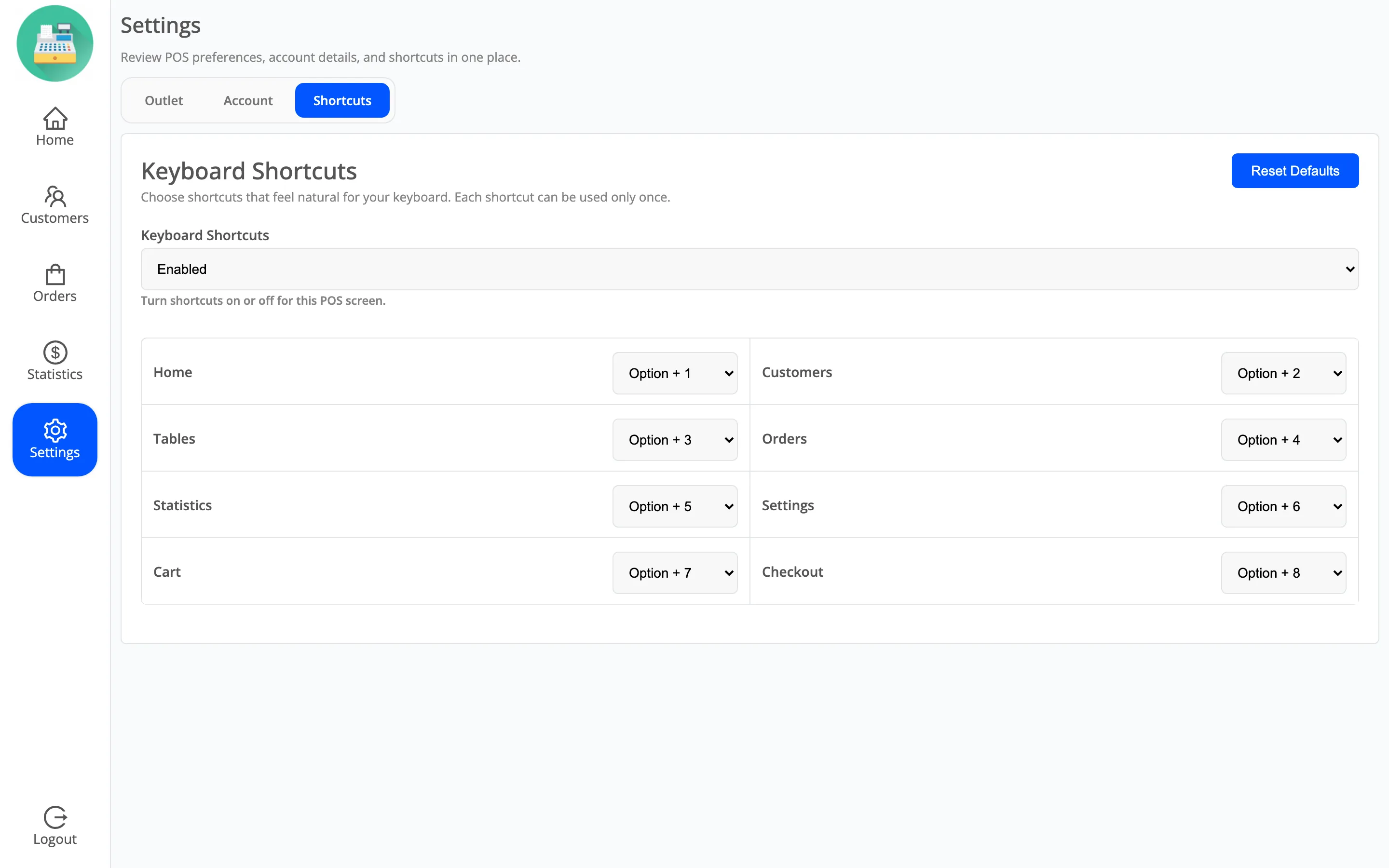 The keyboard shortcuts section of POS settings