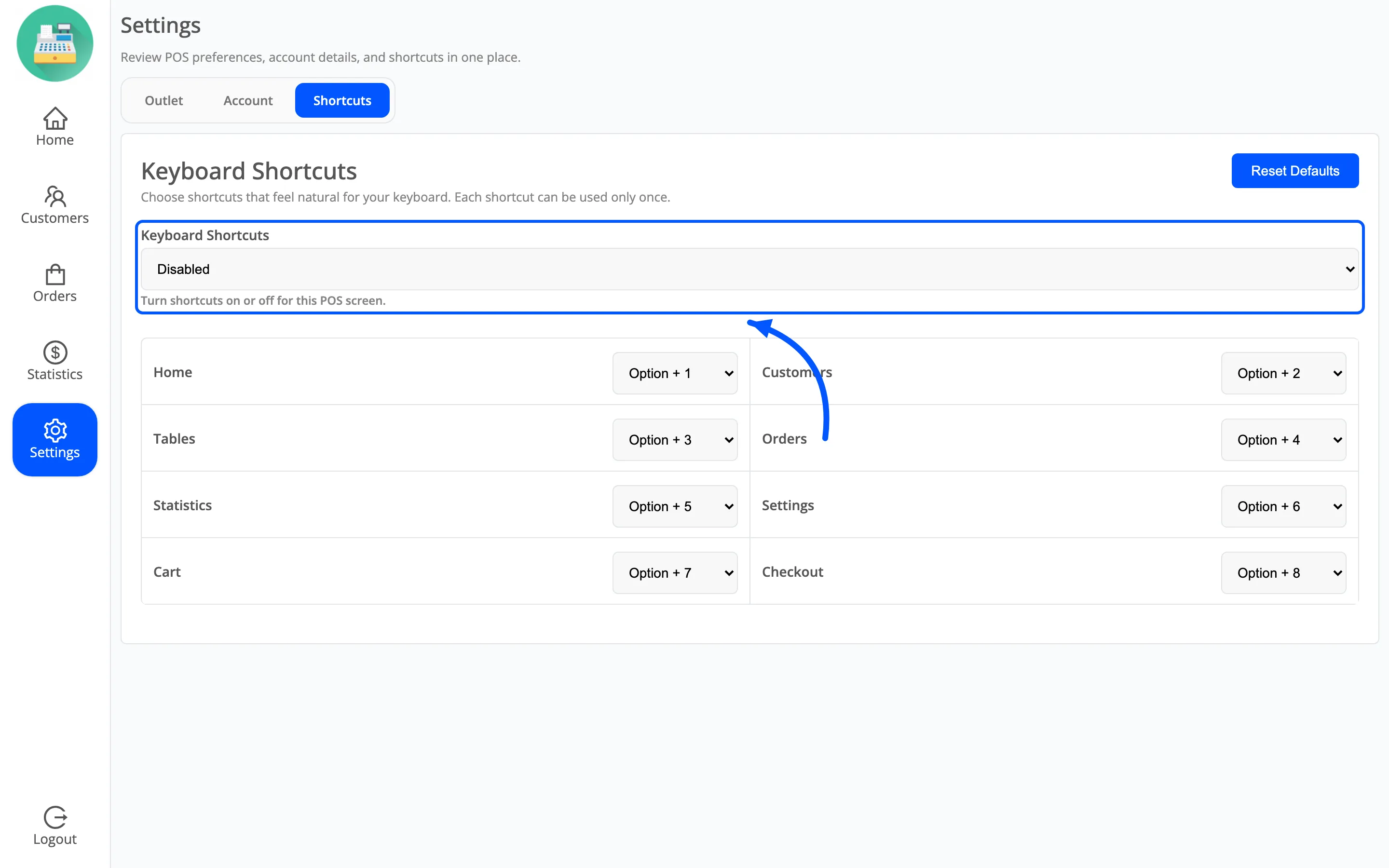 The Keyboard Shortcuts dropdown set to Disabled