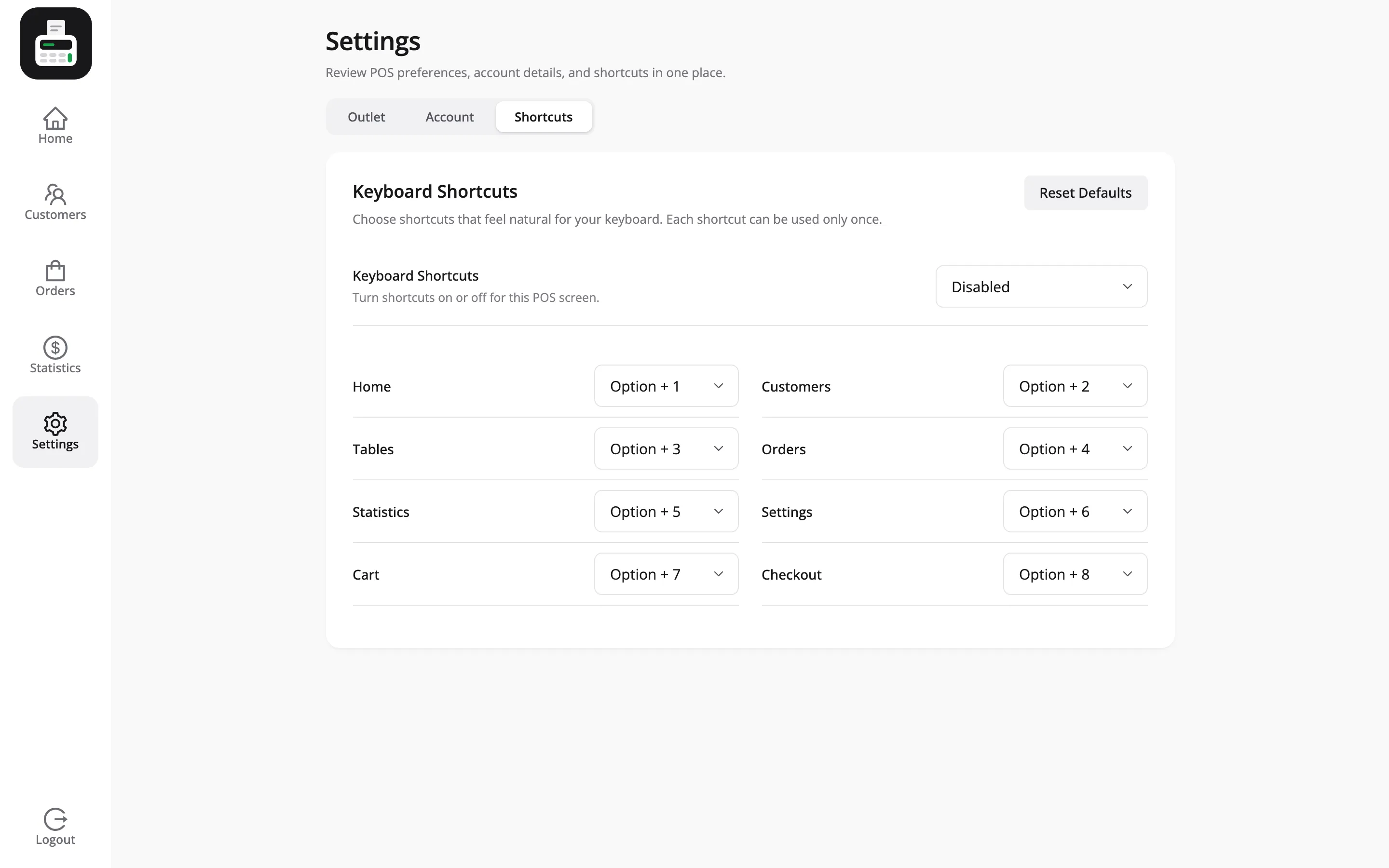 The Keyboard Shortcuts dropdown set to Disabled