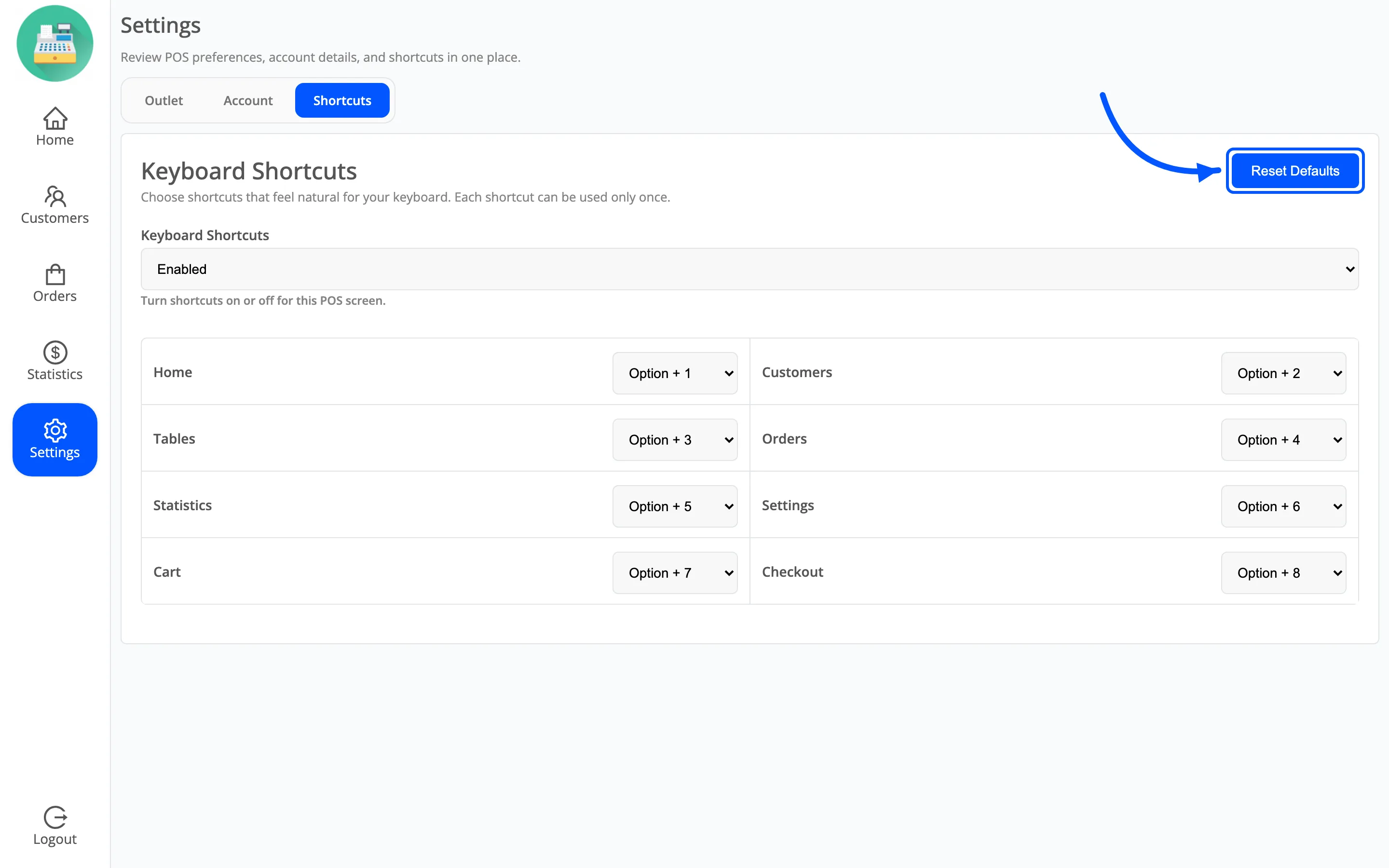 The Reset Defaults button at the top of the Shortcuts section