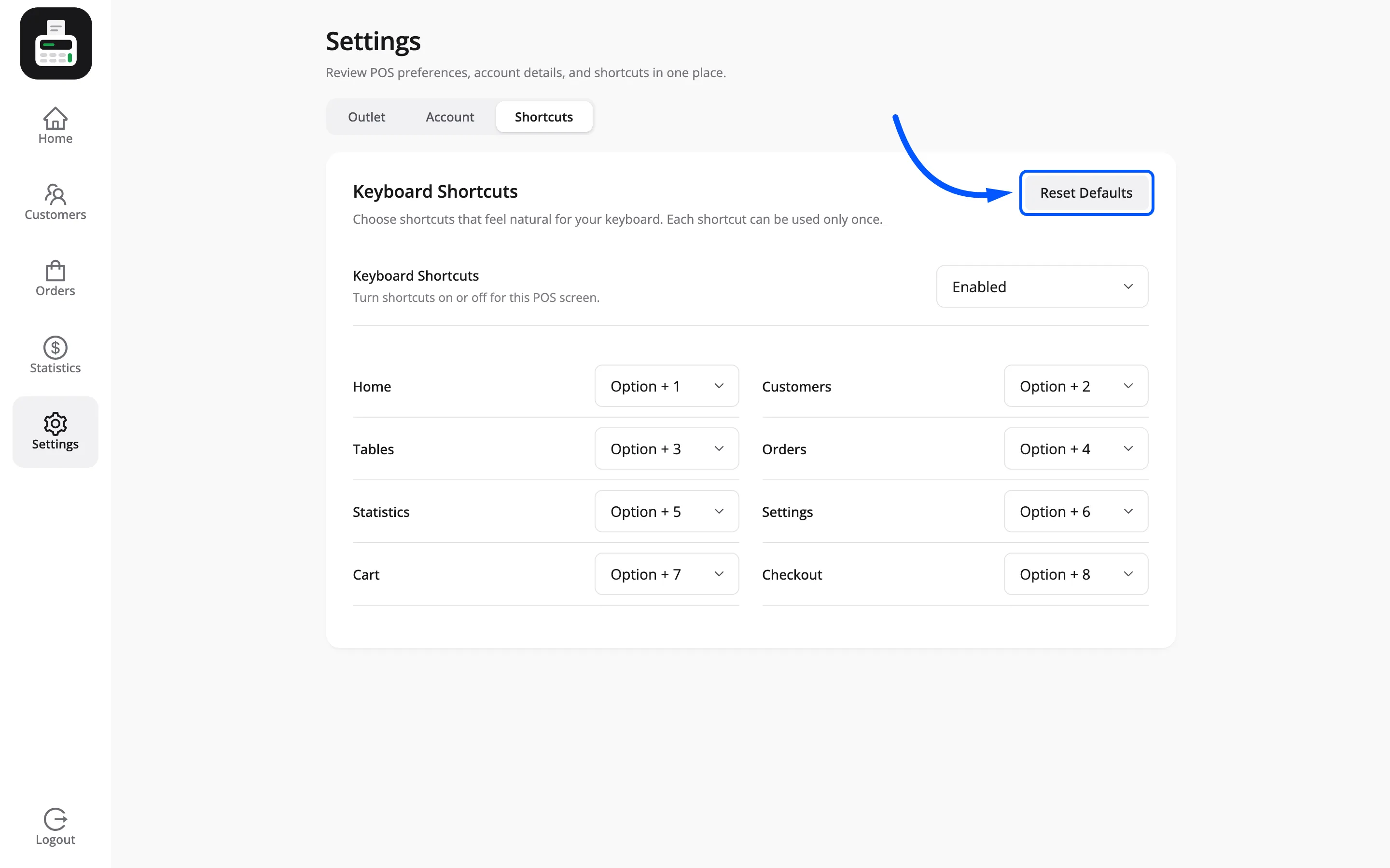 The Reset Defaults button at the top of the Shortcuts section