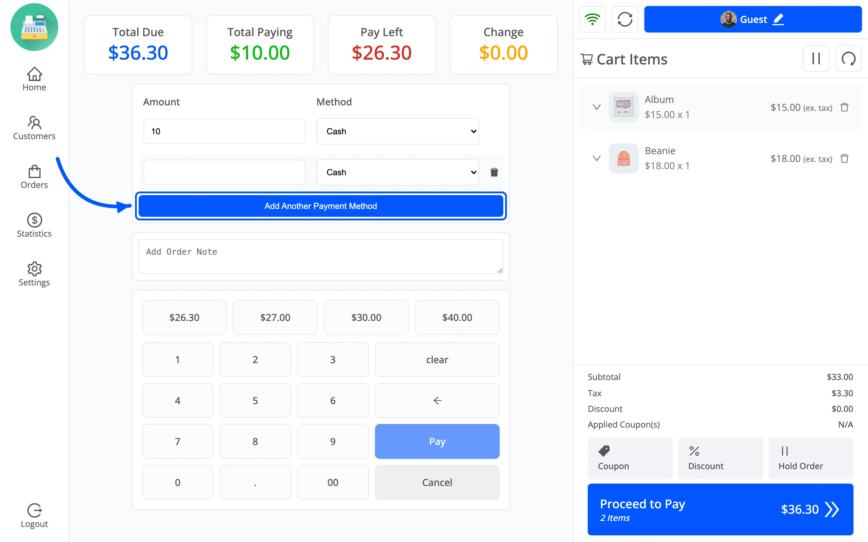 The Add Another Payment Method button below the first payment row
