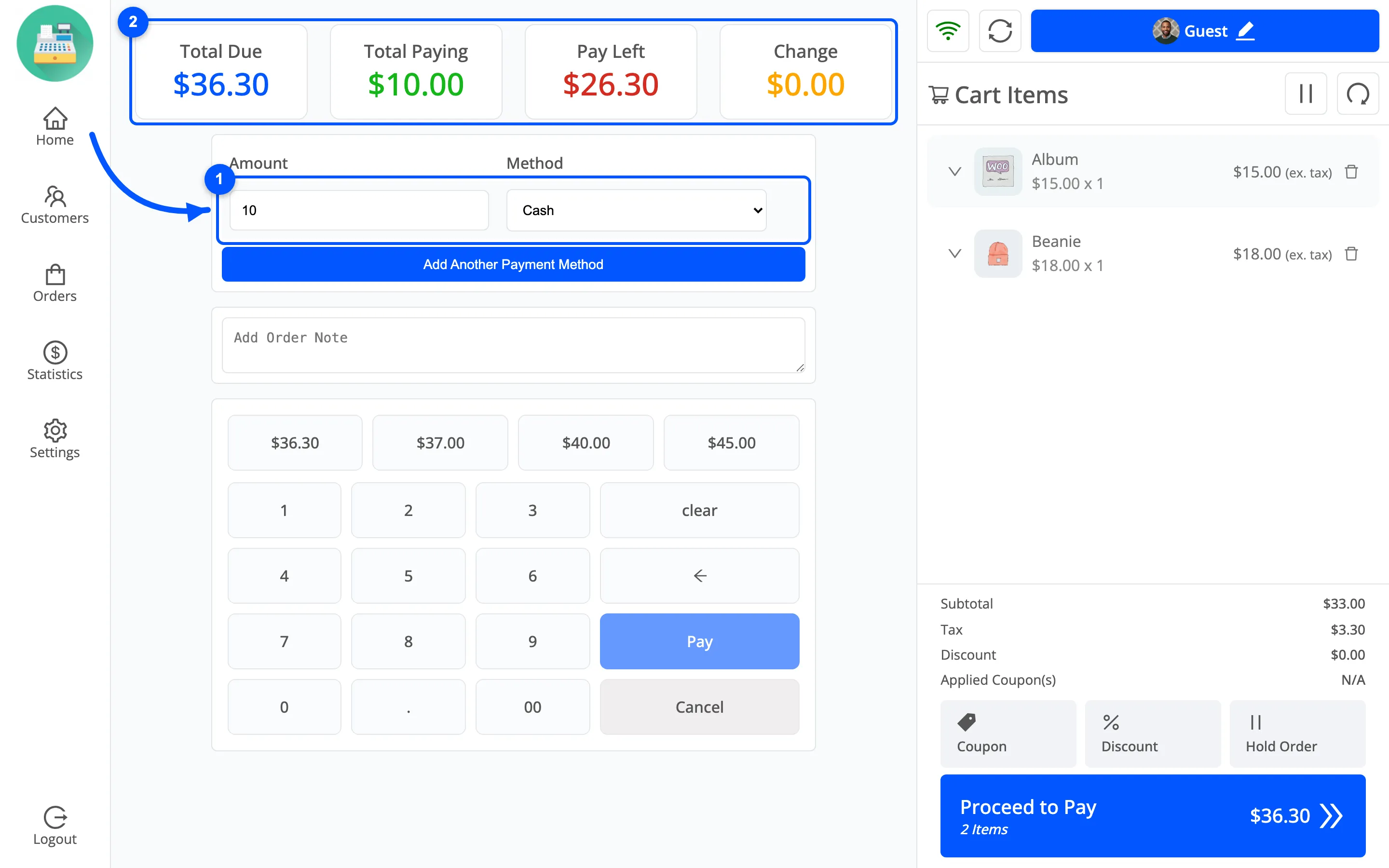 The POS payment screen with 10 entered against Cash and Pay Left showing 26.30