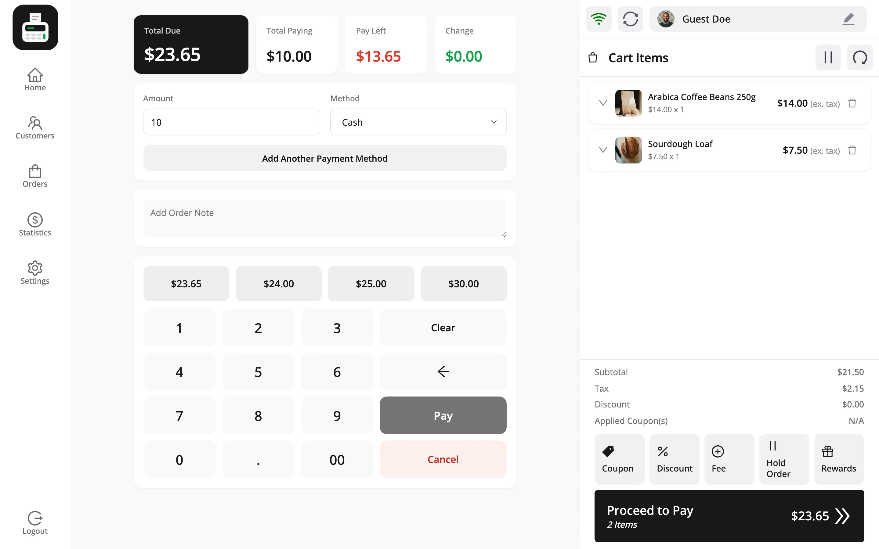 The POS payment screen with 10 entered against Cash and Pay Left showing 13.65