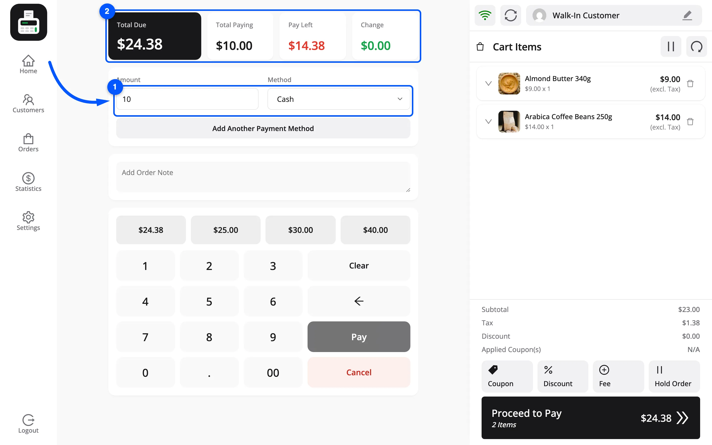 The POS payment screen with a first amount entered against Cash and Pay Left showing the rest