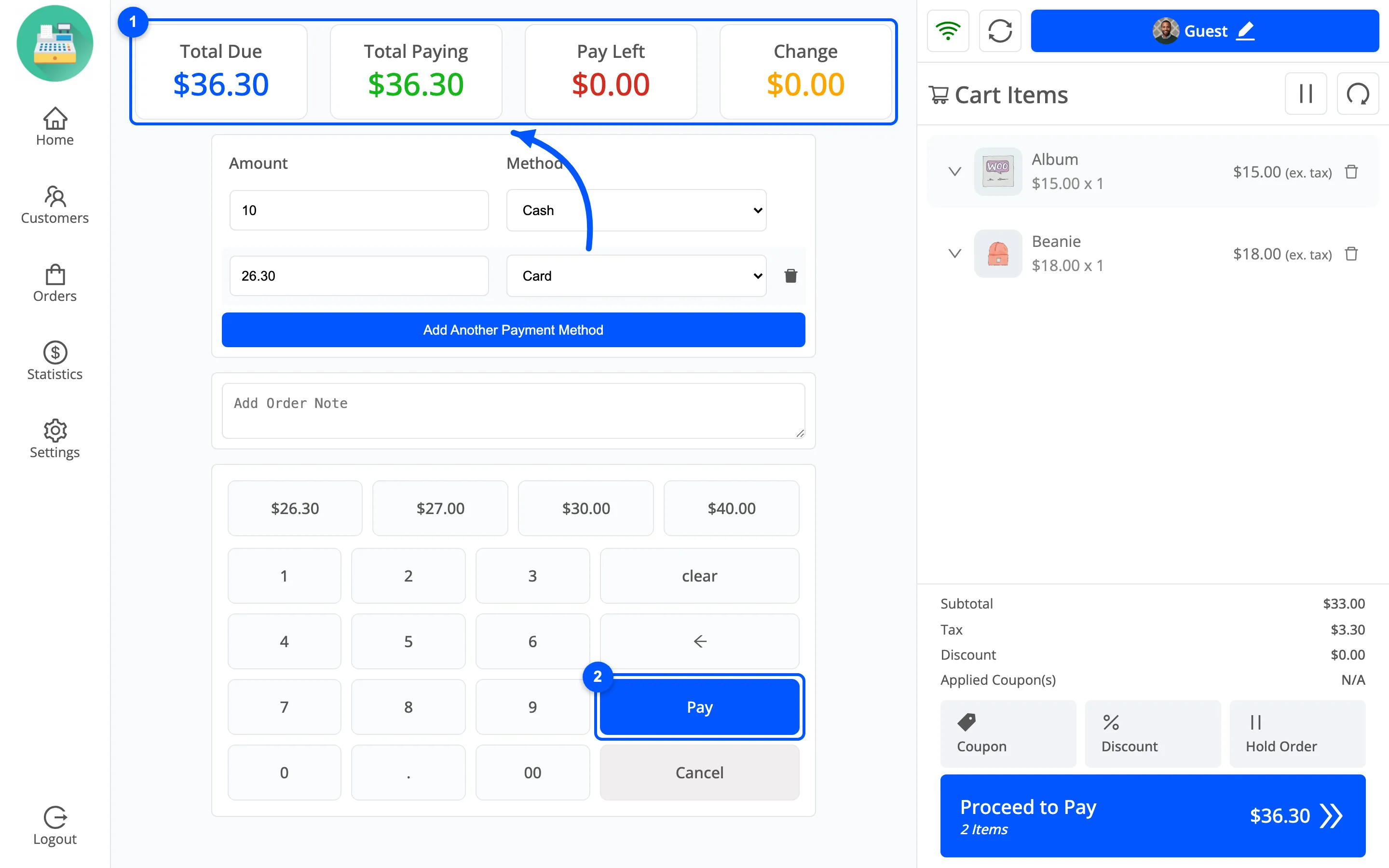 The payment screen with 10 on Cash, 26.30 on Card, Pay Left at zero and Pay enabled