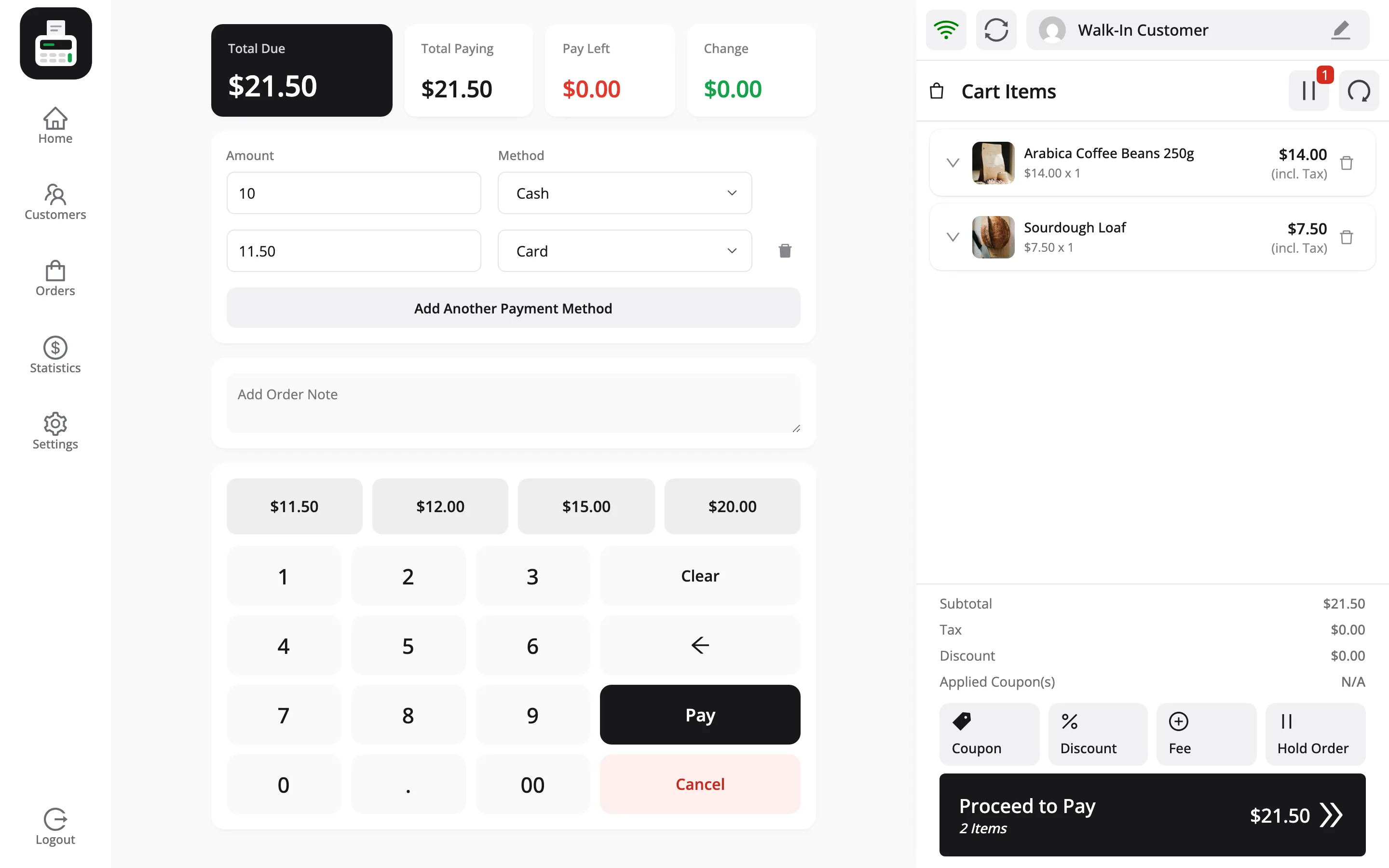The payment screen with a Cash row and a Card row, Pay Left at zero and Pay enabled