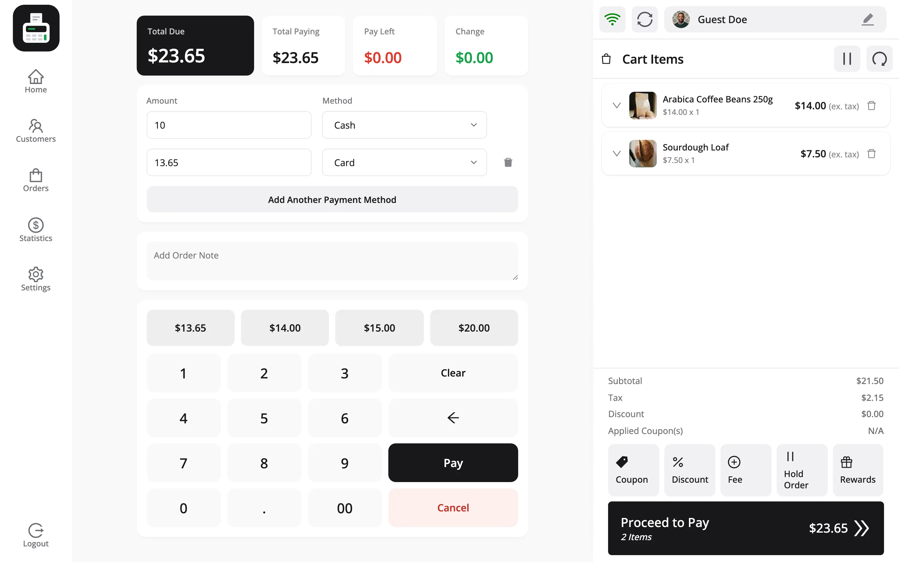 The payment screen with 10 on Cash, 13.65 on Card, Pay Left at zero and Pay enabled