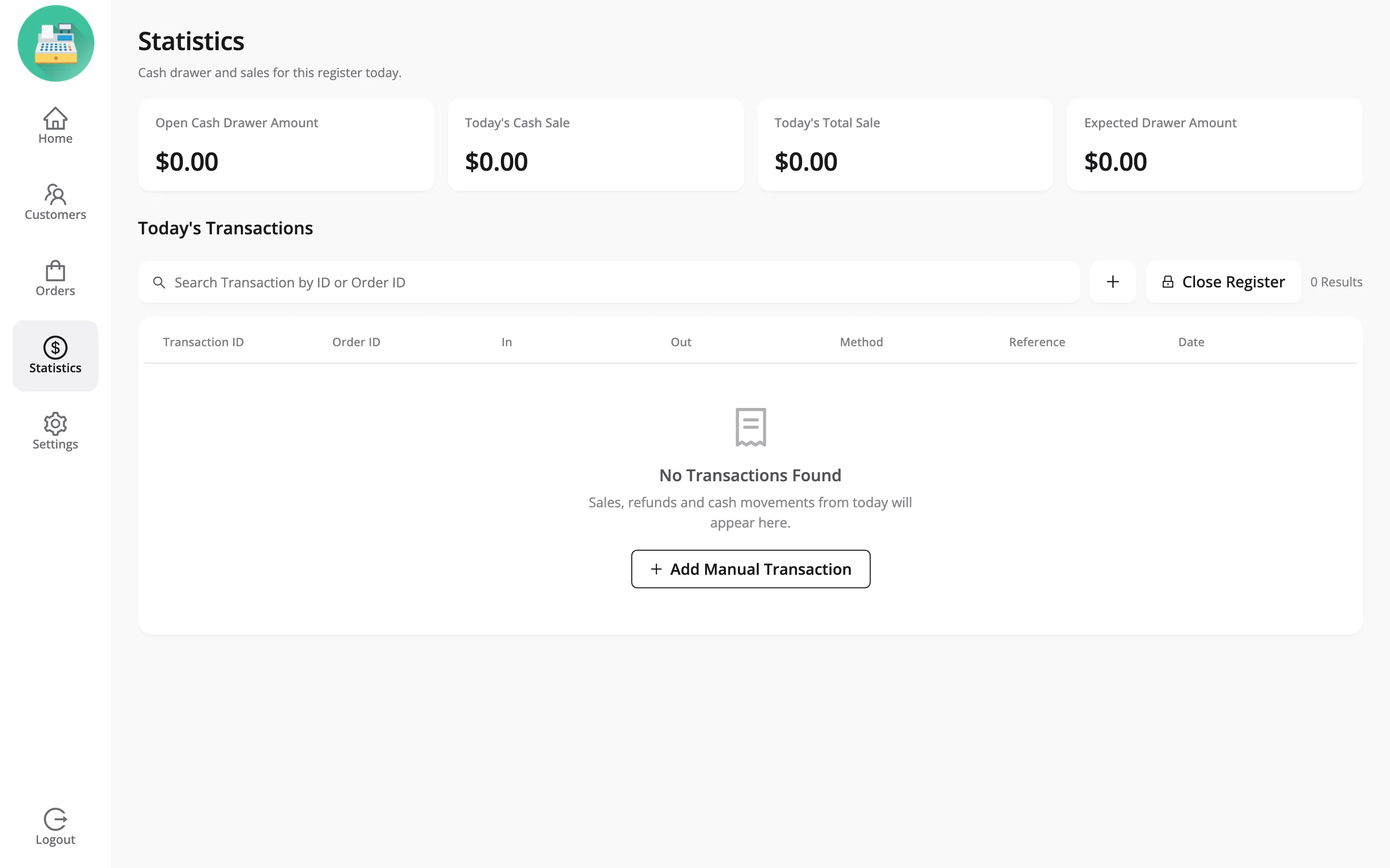 The POS statistics screen with today’s cash sale, total sale and expected drawer amount