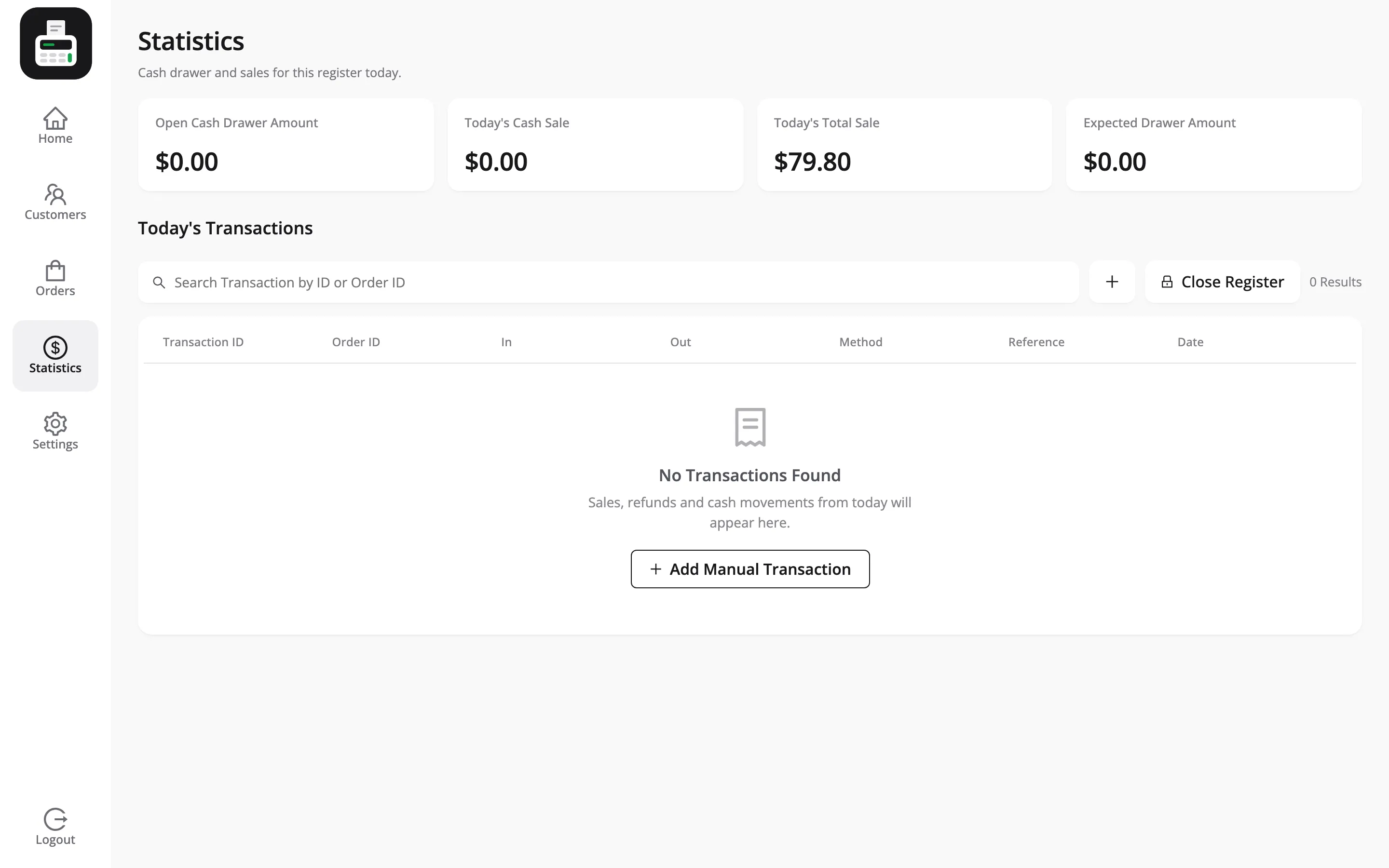 The POS statistics screen with today’s cash sale, total sale and expected drawer amount