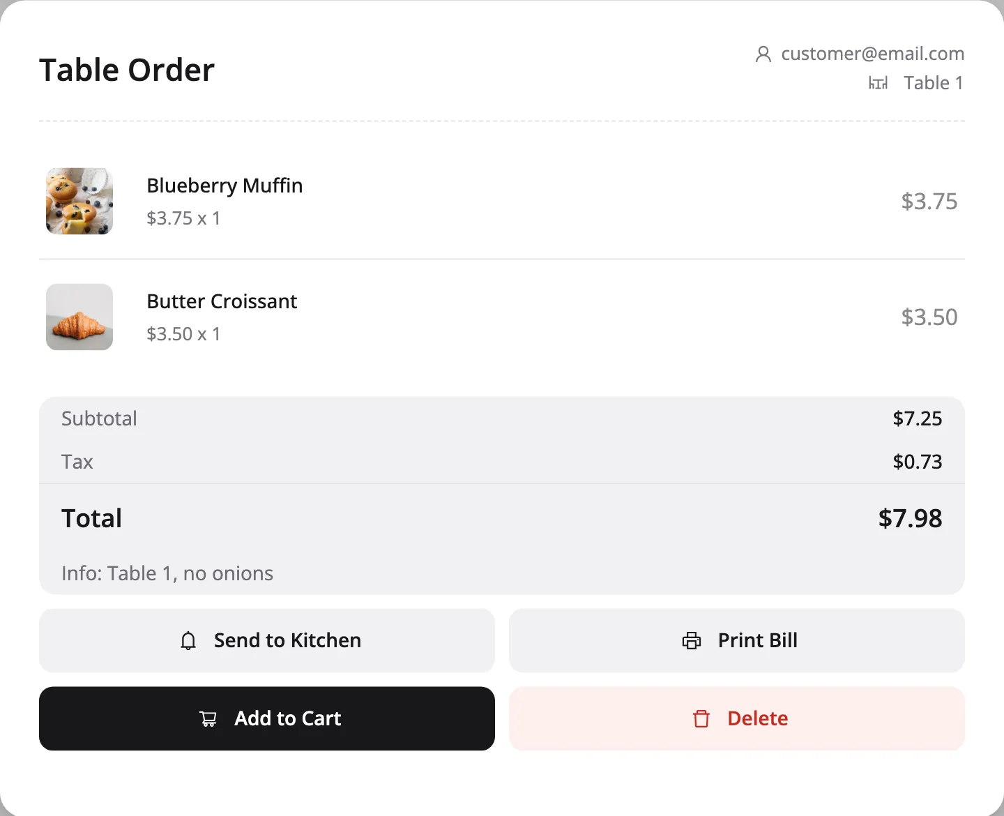 The Table Order panel with Send to Kitchen, Print Bill, Add to Cart and Delete
