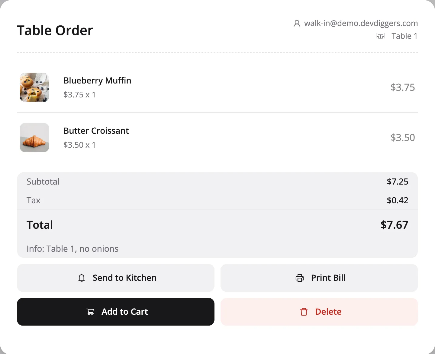 The Table Order panel with Send to Kitchen, Print Bill, Add to Cart and Delete