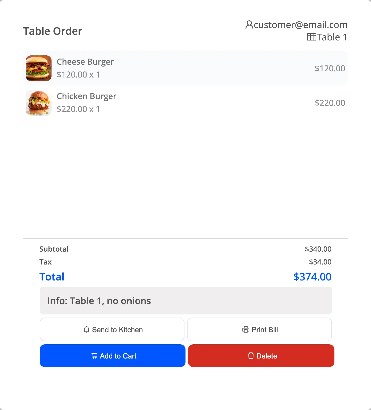The Table Order panel with Send to Kitchen, Print Bill, Add to Cart and Delete