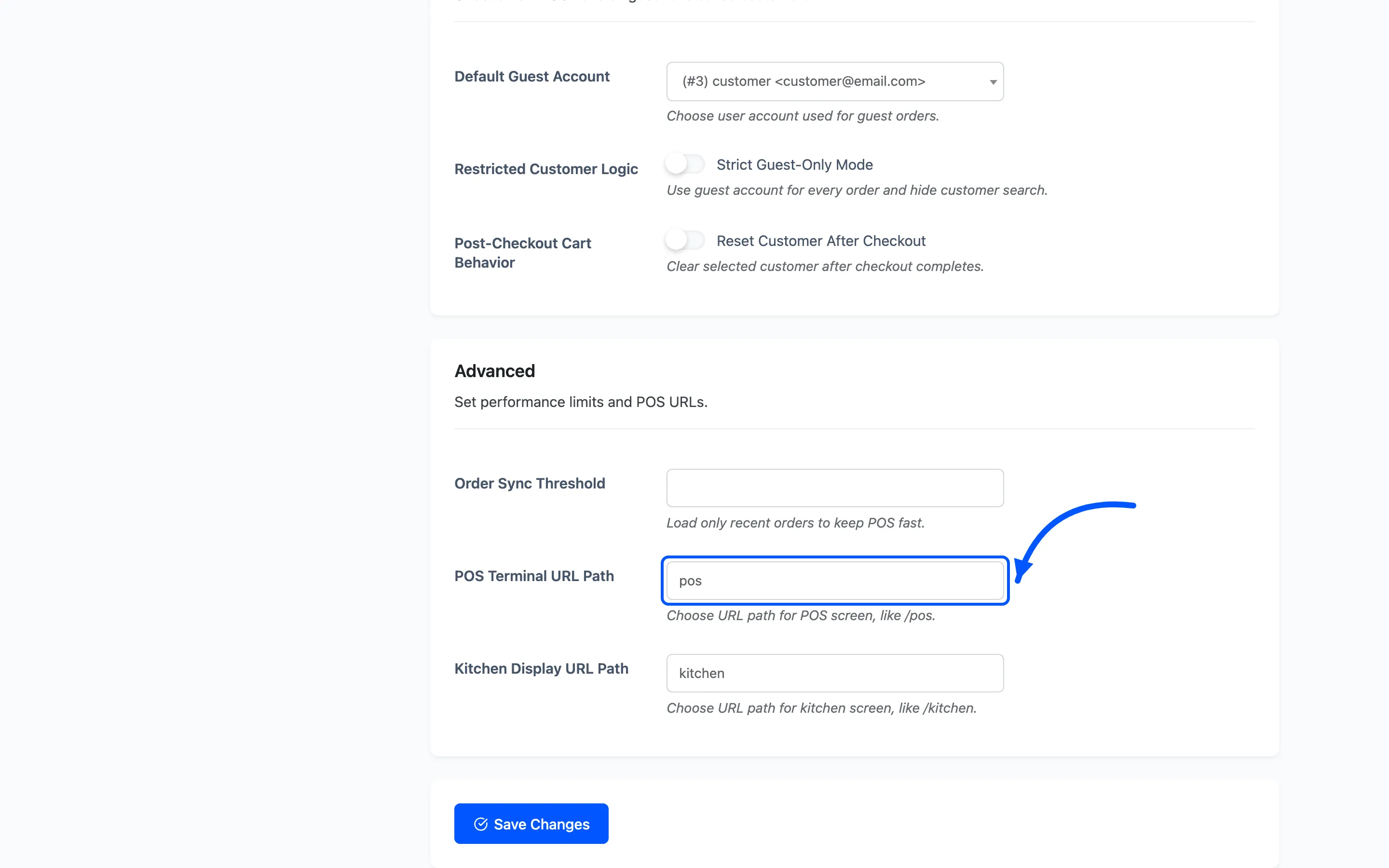 The POS Terminal URL Path field on the General tab