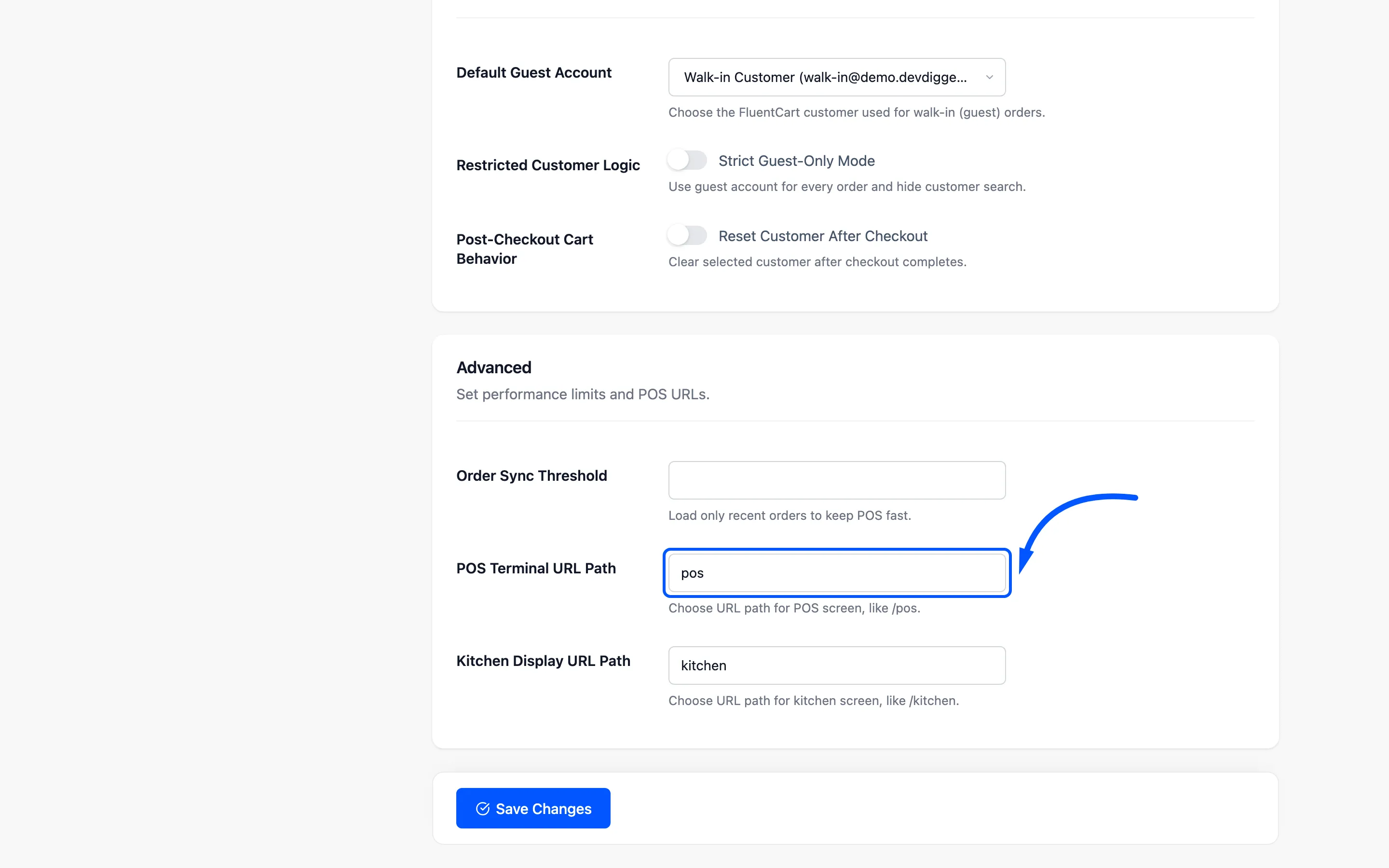 The POS Terminal URL Path field on the General tab