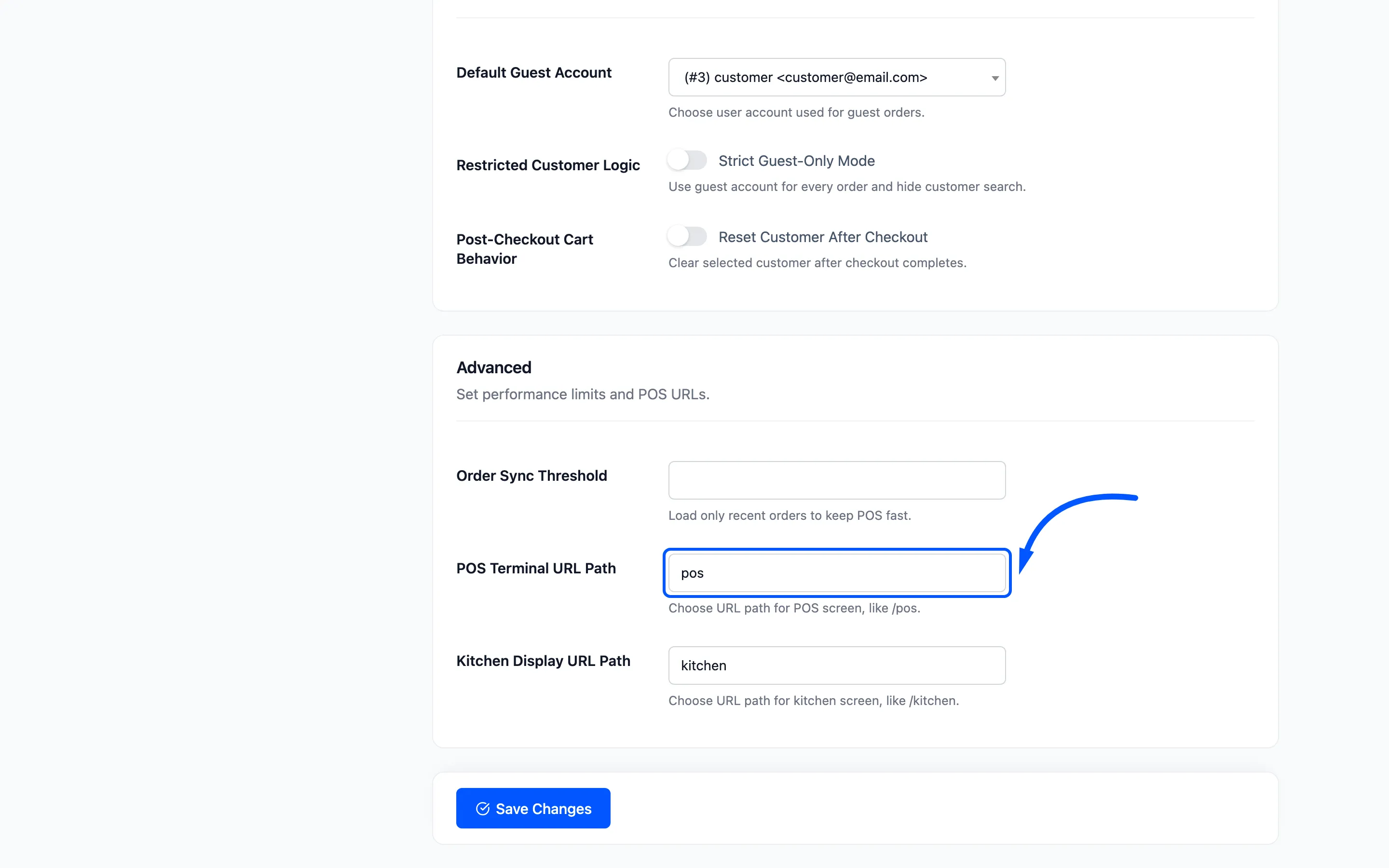 The POS Terminal URL Path field on the General tab