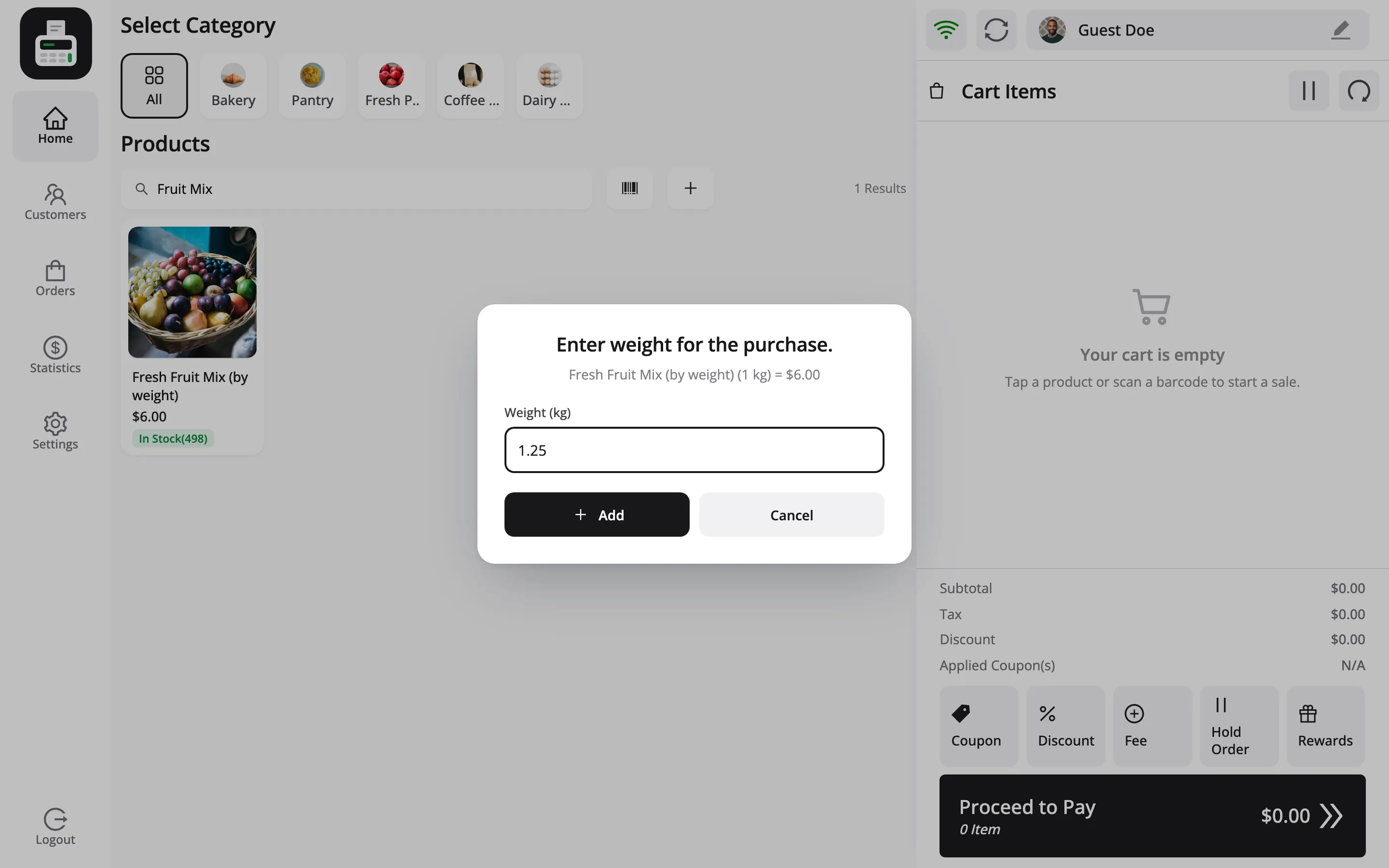 The weight prompt naming the product, its unit and its price per unit