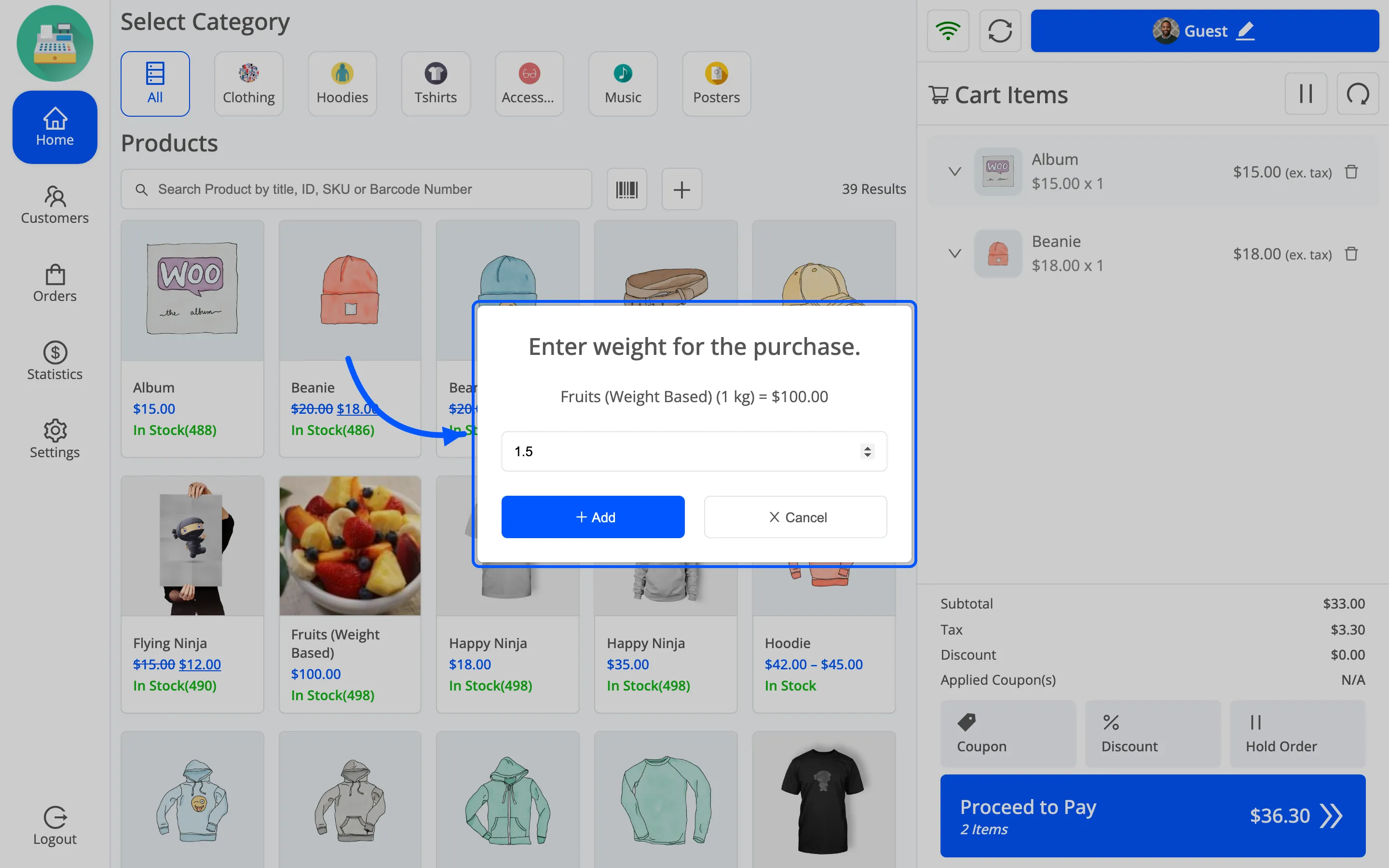 The weight prompt naming the product, its unit and its price per unit