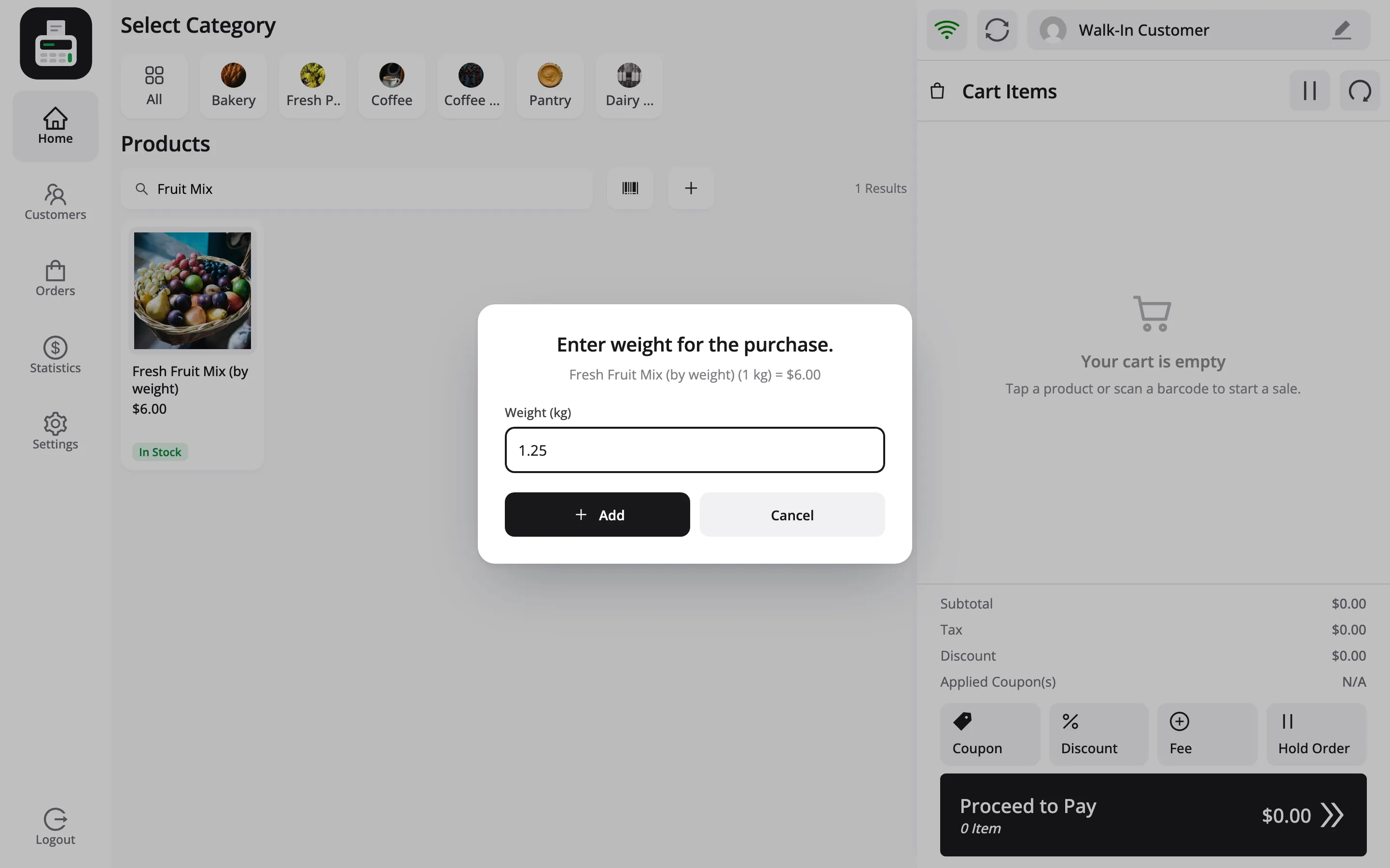 The weight prompt naming the product, its weight and unit, and its price