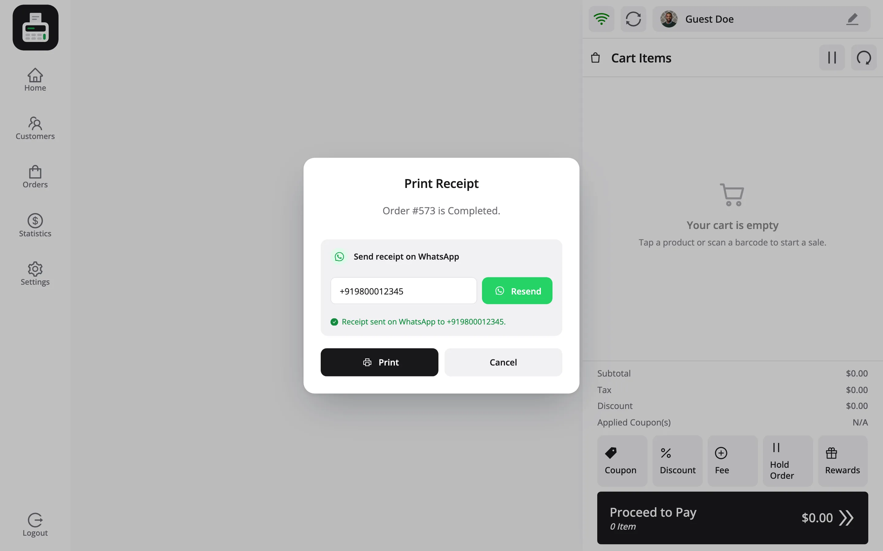 The Print Receipt popup after sending, with the message Receipt sent on WhatsApp and the button now reading Resend