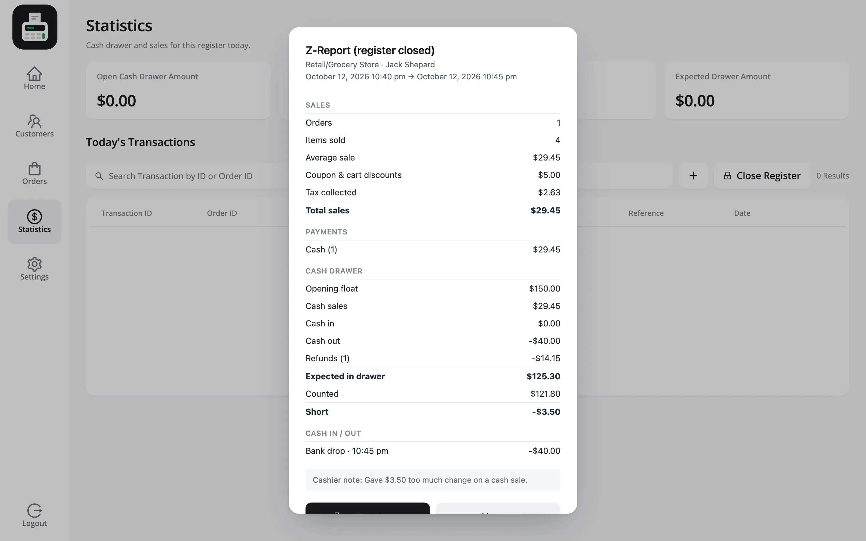 The Z-report popup with sales, payments, the cash drawer lines, the counted amount and the shortfall