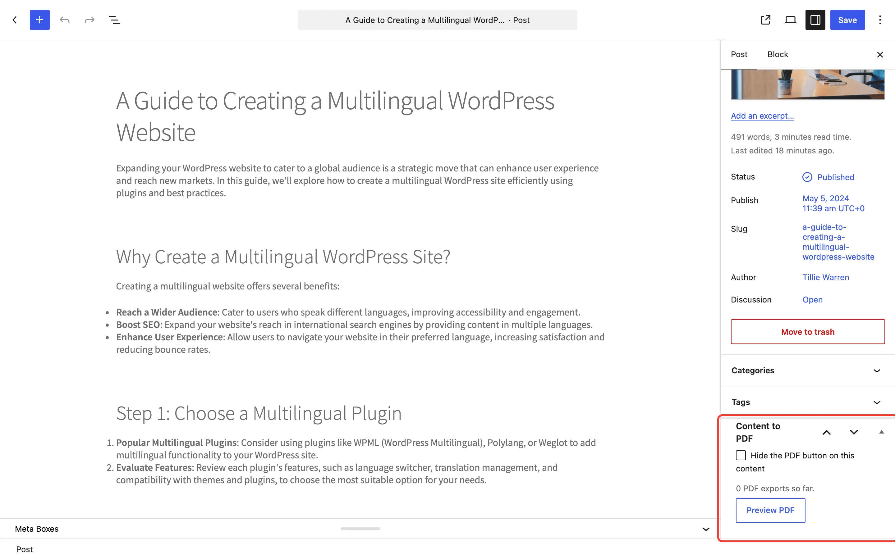 The Content to PDF box in the post editor