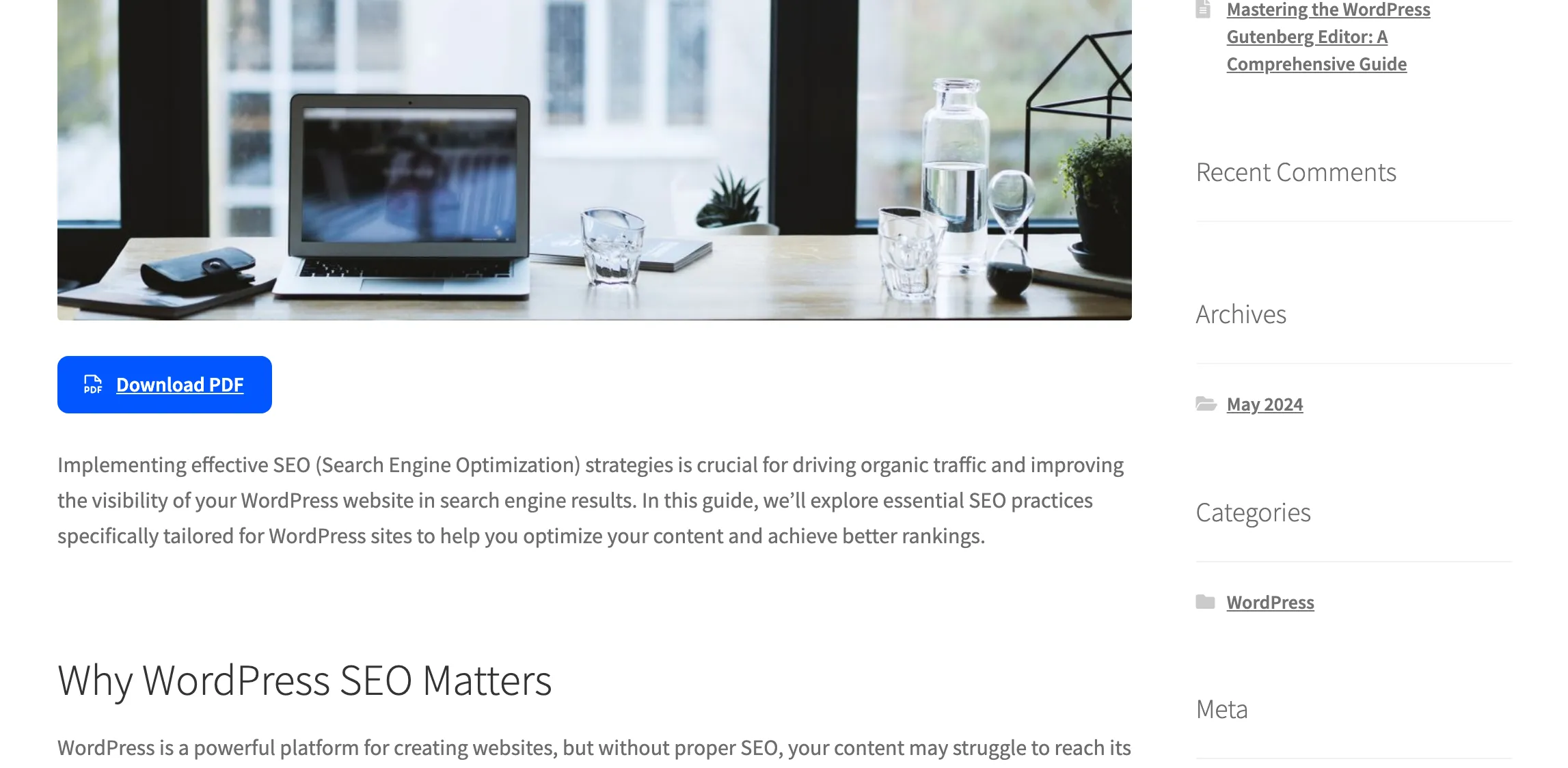 A post with the Download PDF button under its featured image