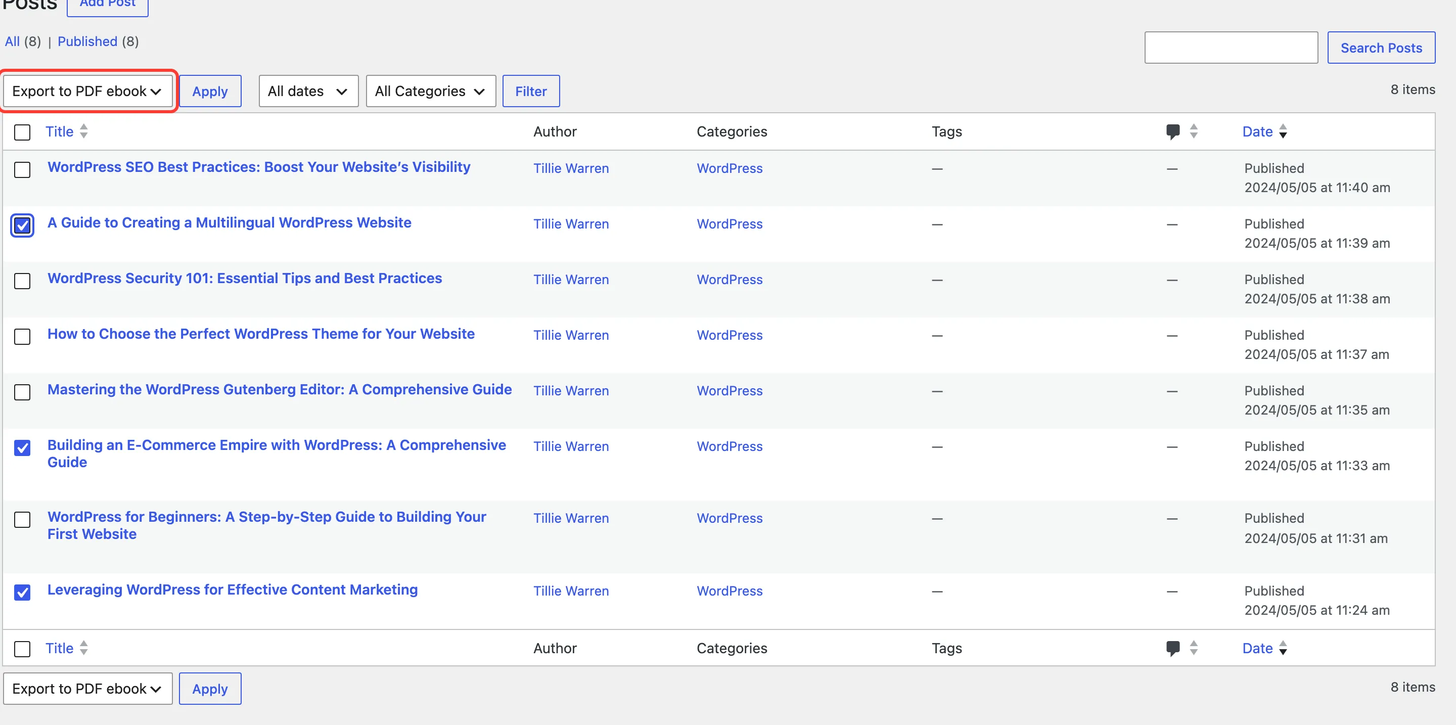 Export to PDF ebook in the Posts bulk actions
