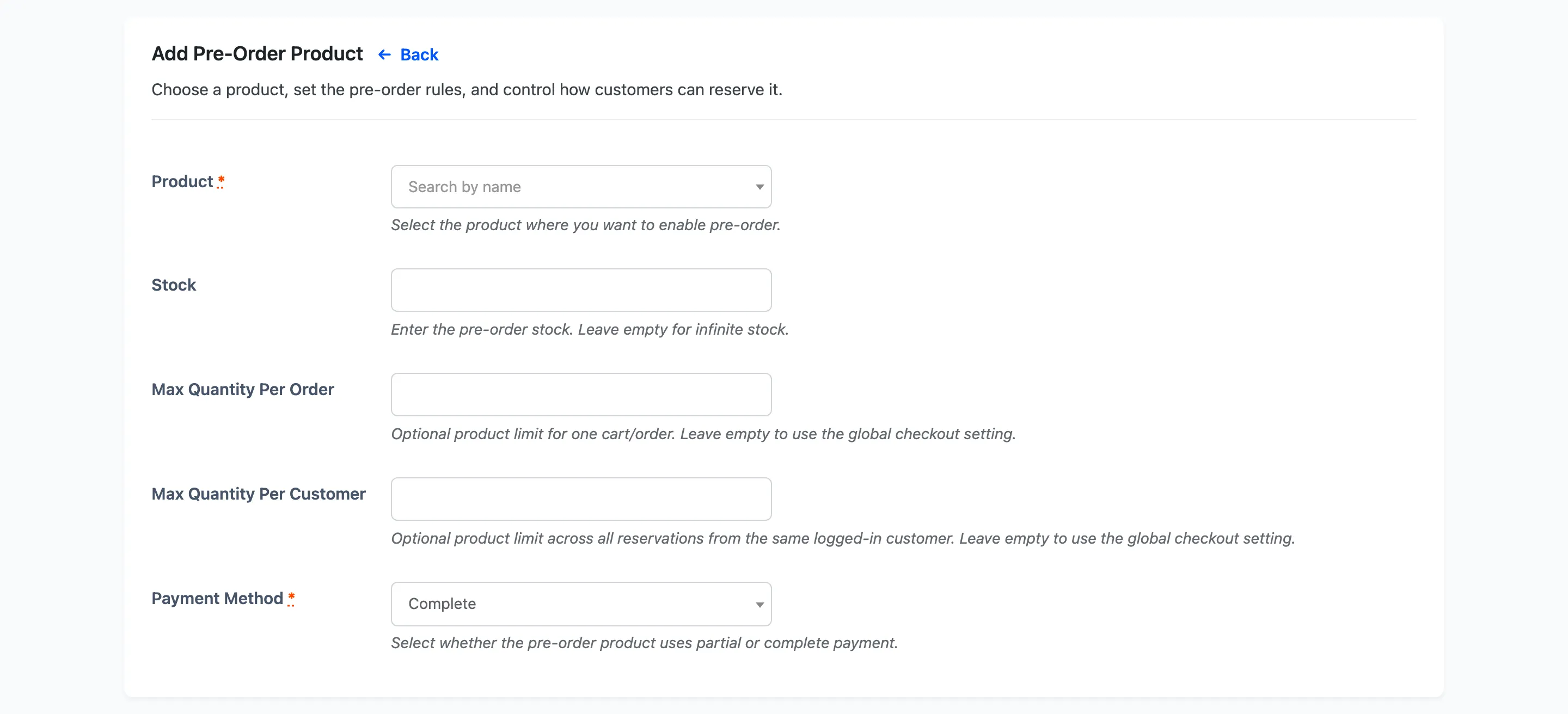 The Add Pre-Order Product form