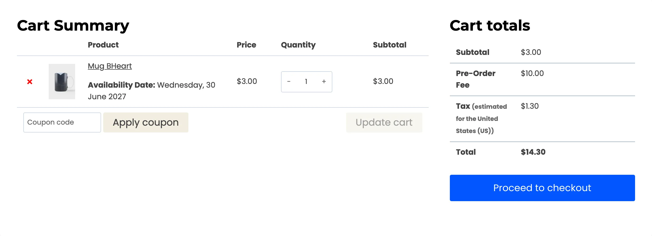 A pre-order in the cart with its availability date and the pre-order fee