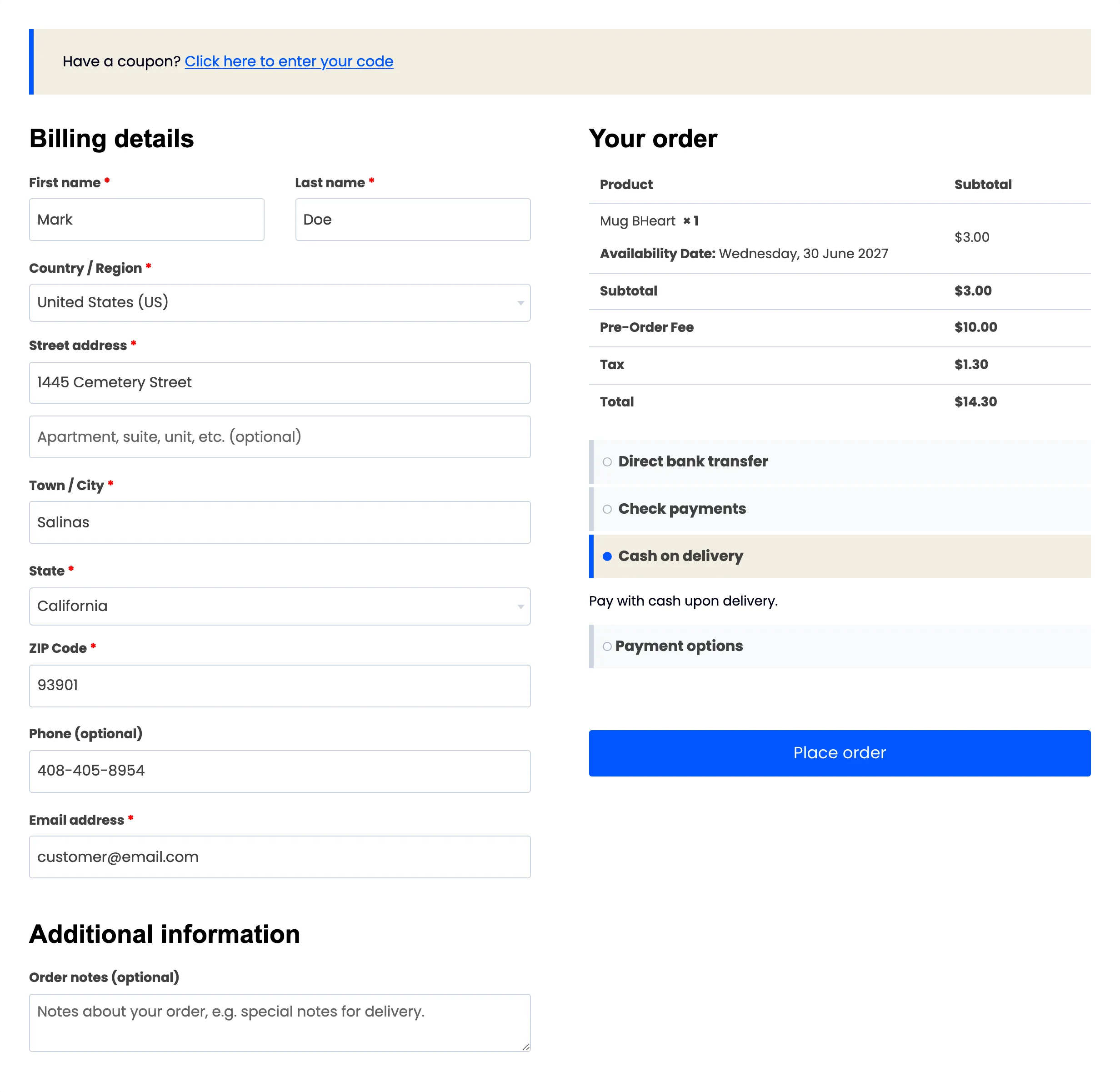 Checkout showing the pre-order fee and no shipping section