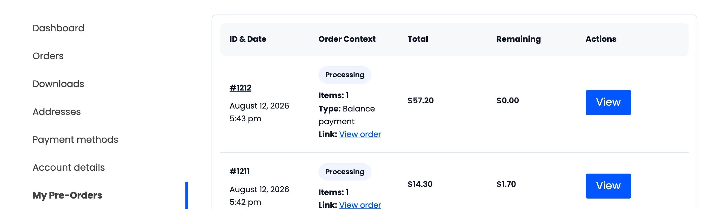 The pre-orders table with the balance settled