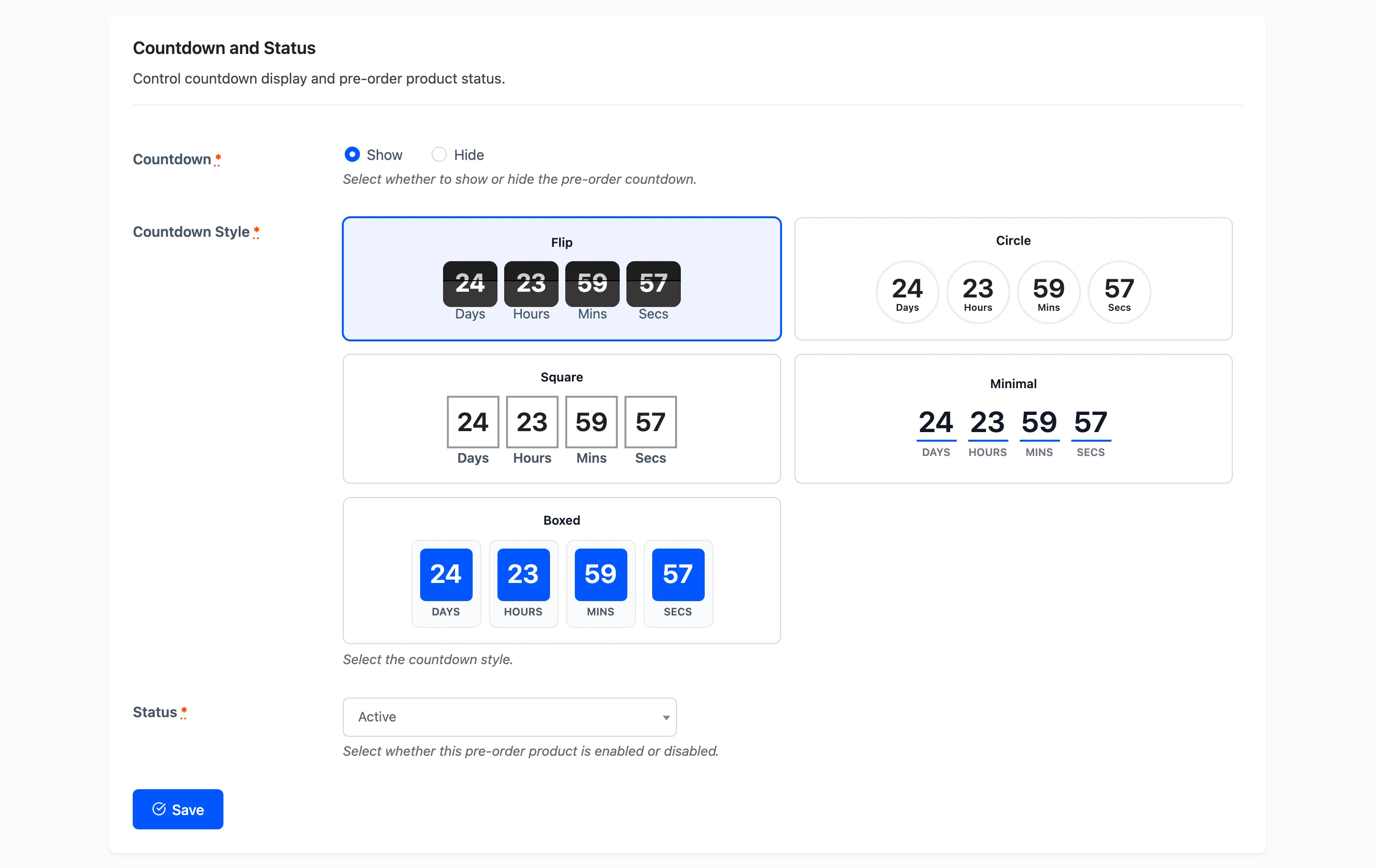 The Countdown and Status section