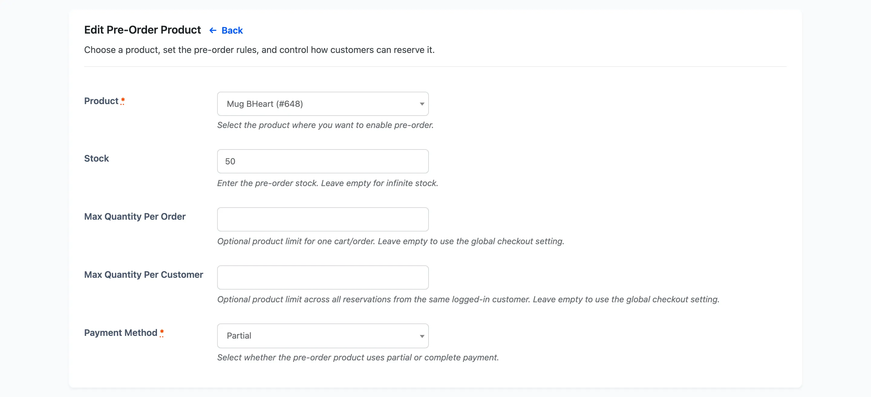 The saved pre-order for a product