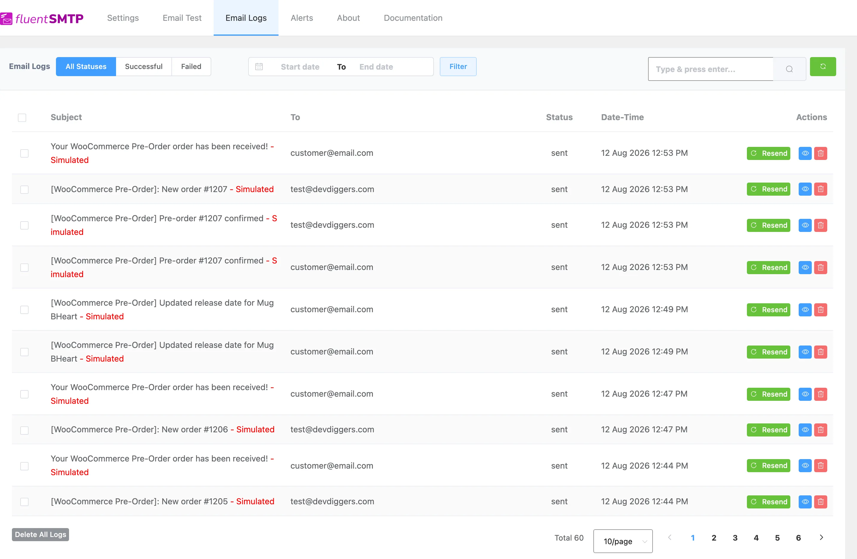 A log of the outgoing pre-order emails