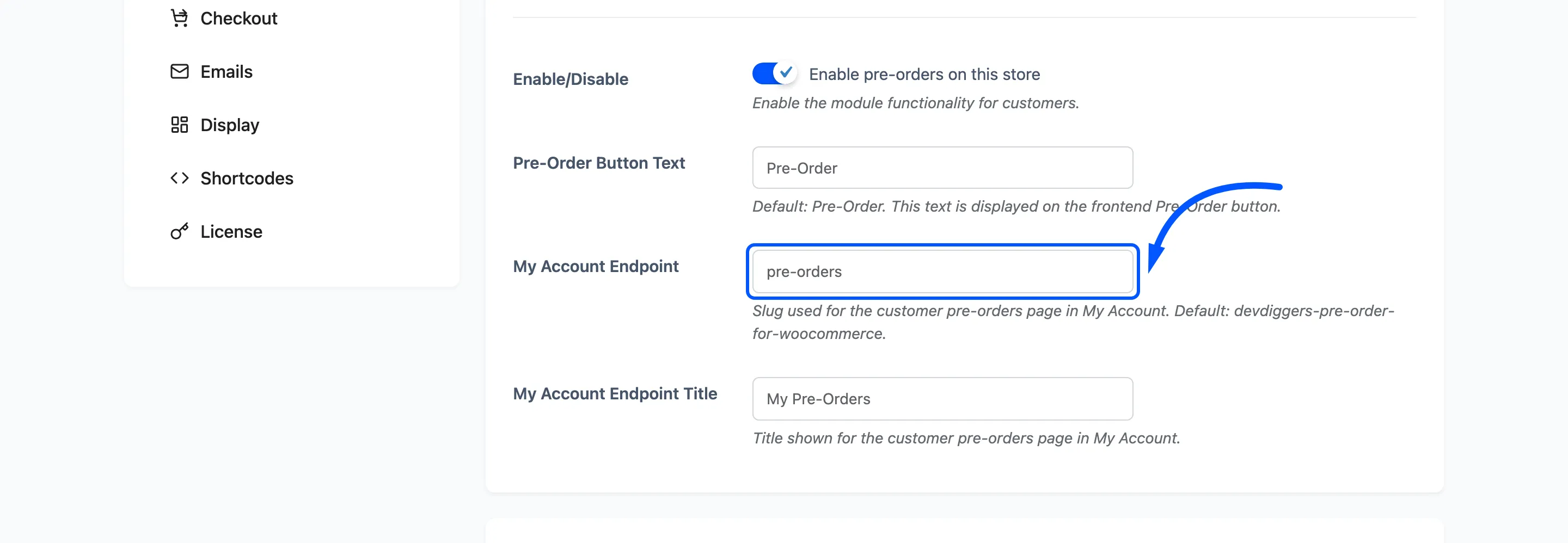 The My Account Endpoint field