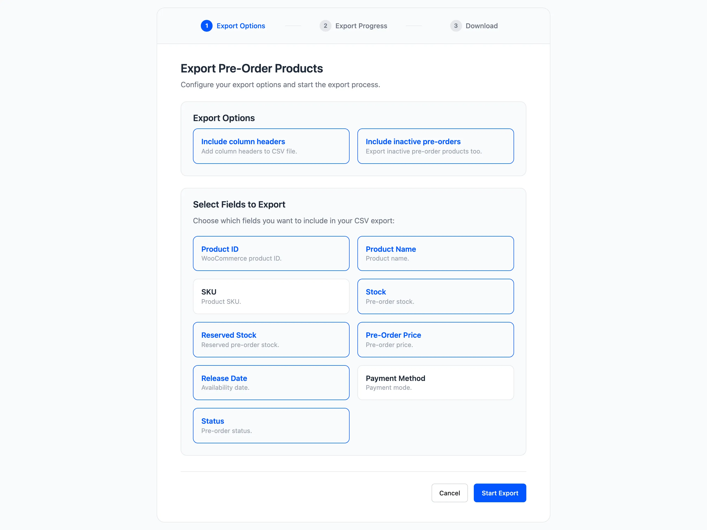 The export wizard’s options step