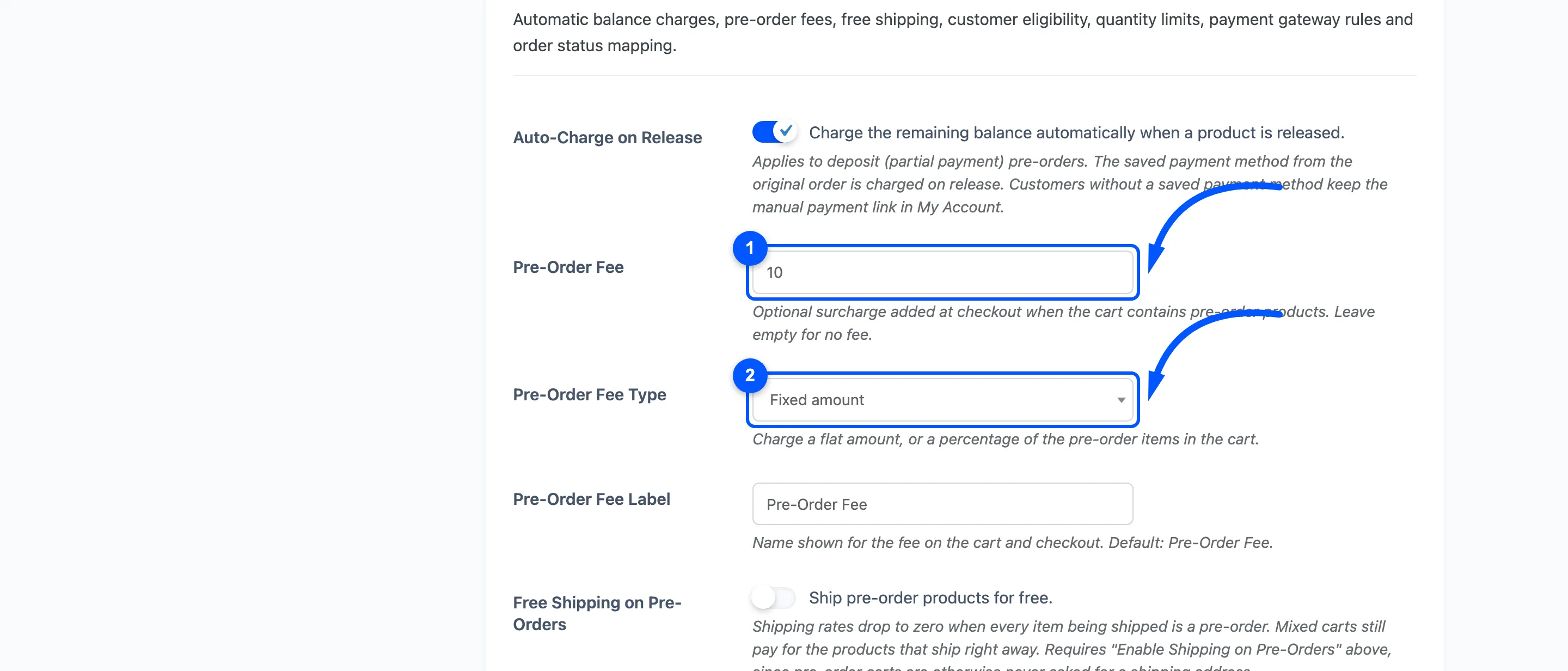 The pre-order fee amount and type fields