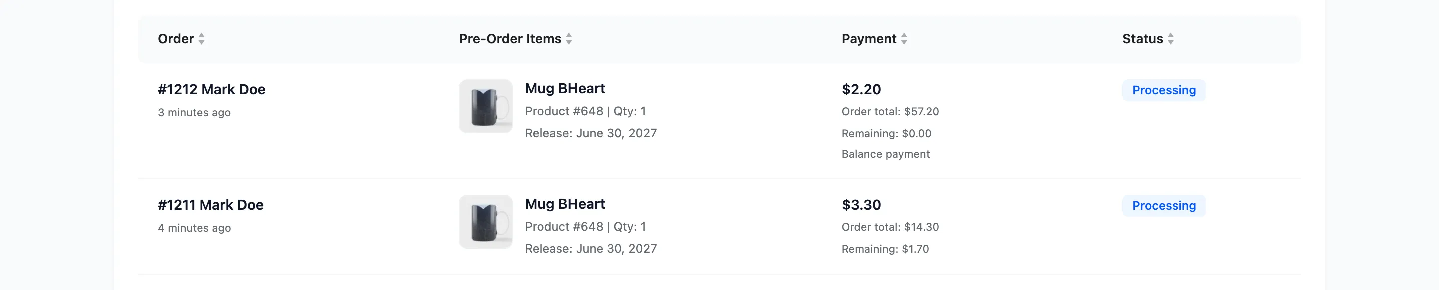 Two order rows, a settled balance above the reservation it paid off