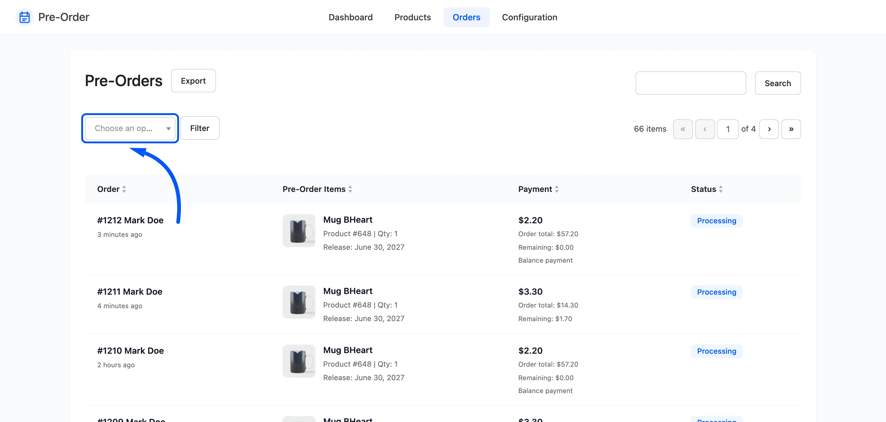 The order status filter