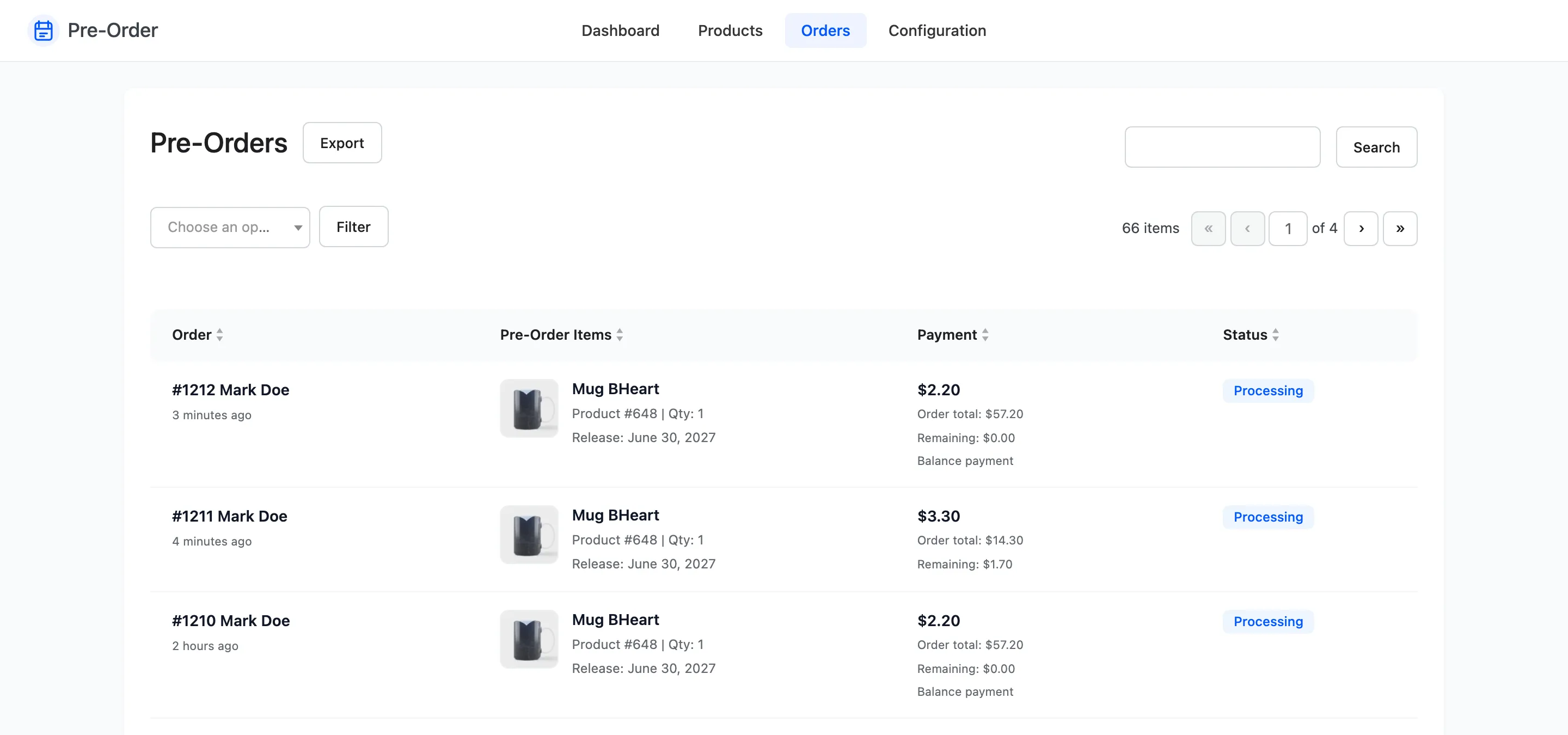 The pre-order orders list