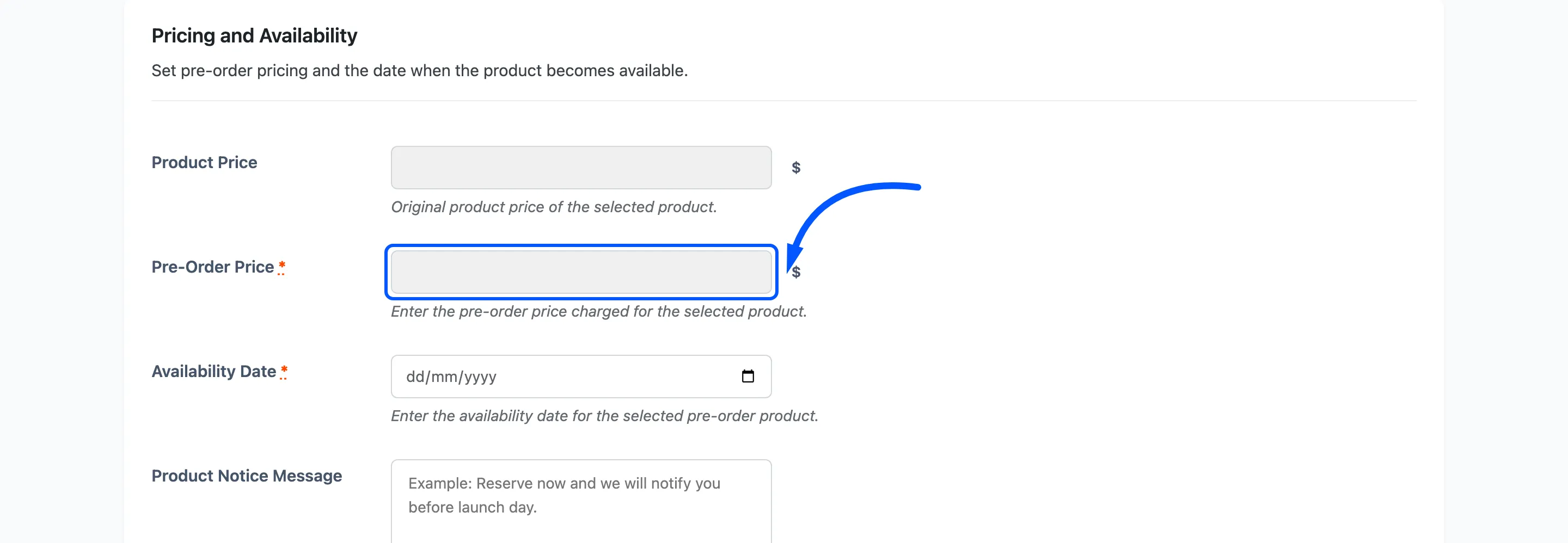 The Pre-Order Price field