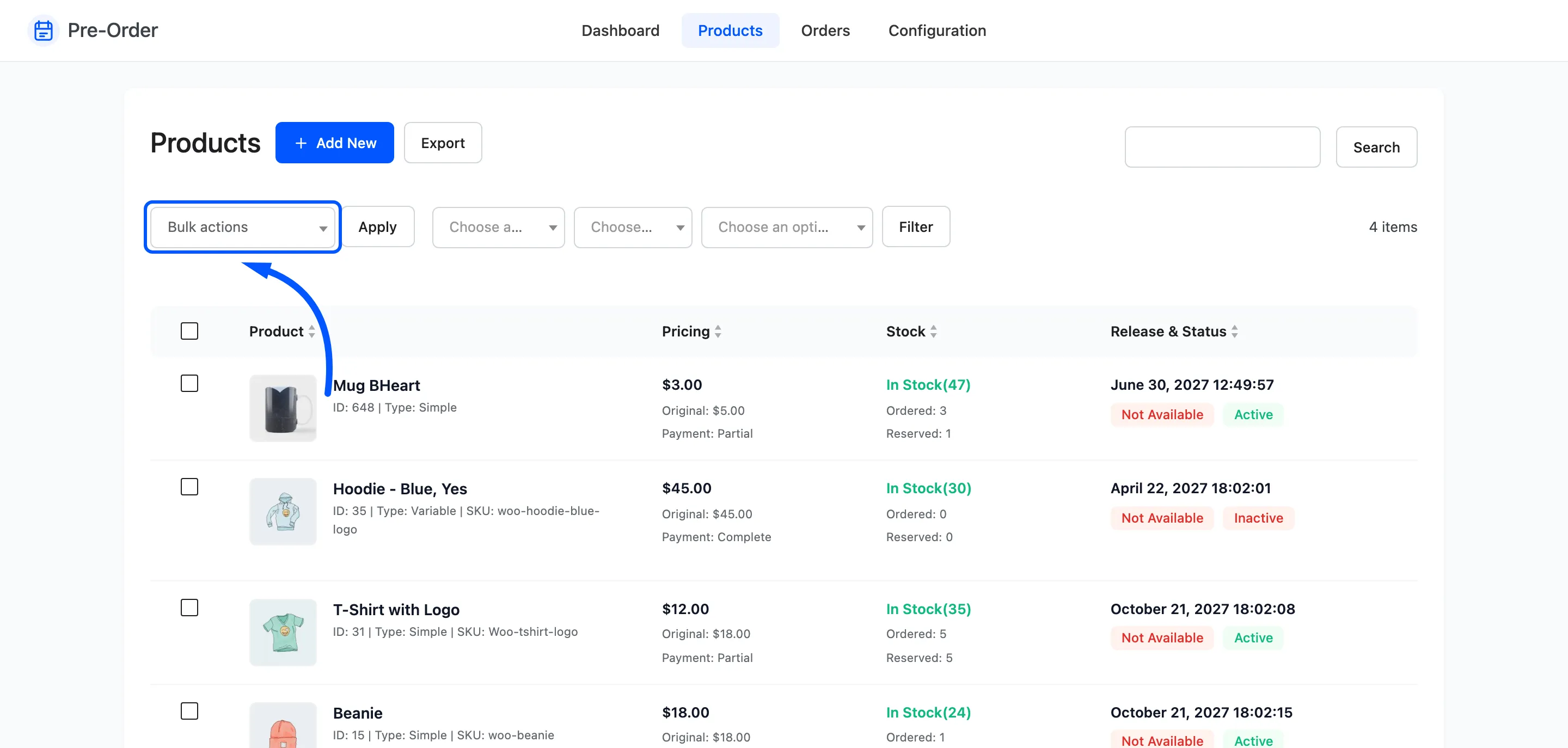 The bulk actions dropdown