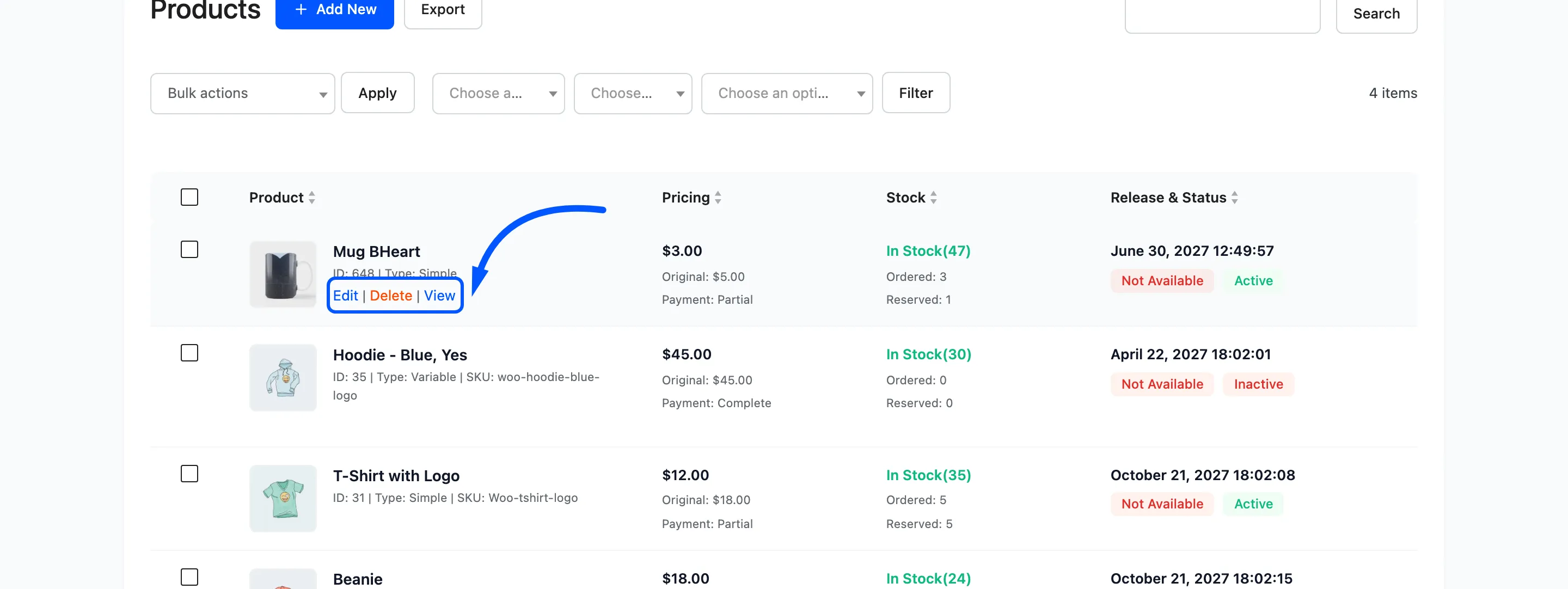 The row actions under a product name