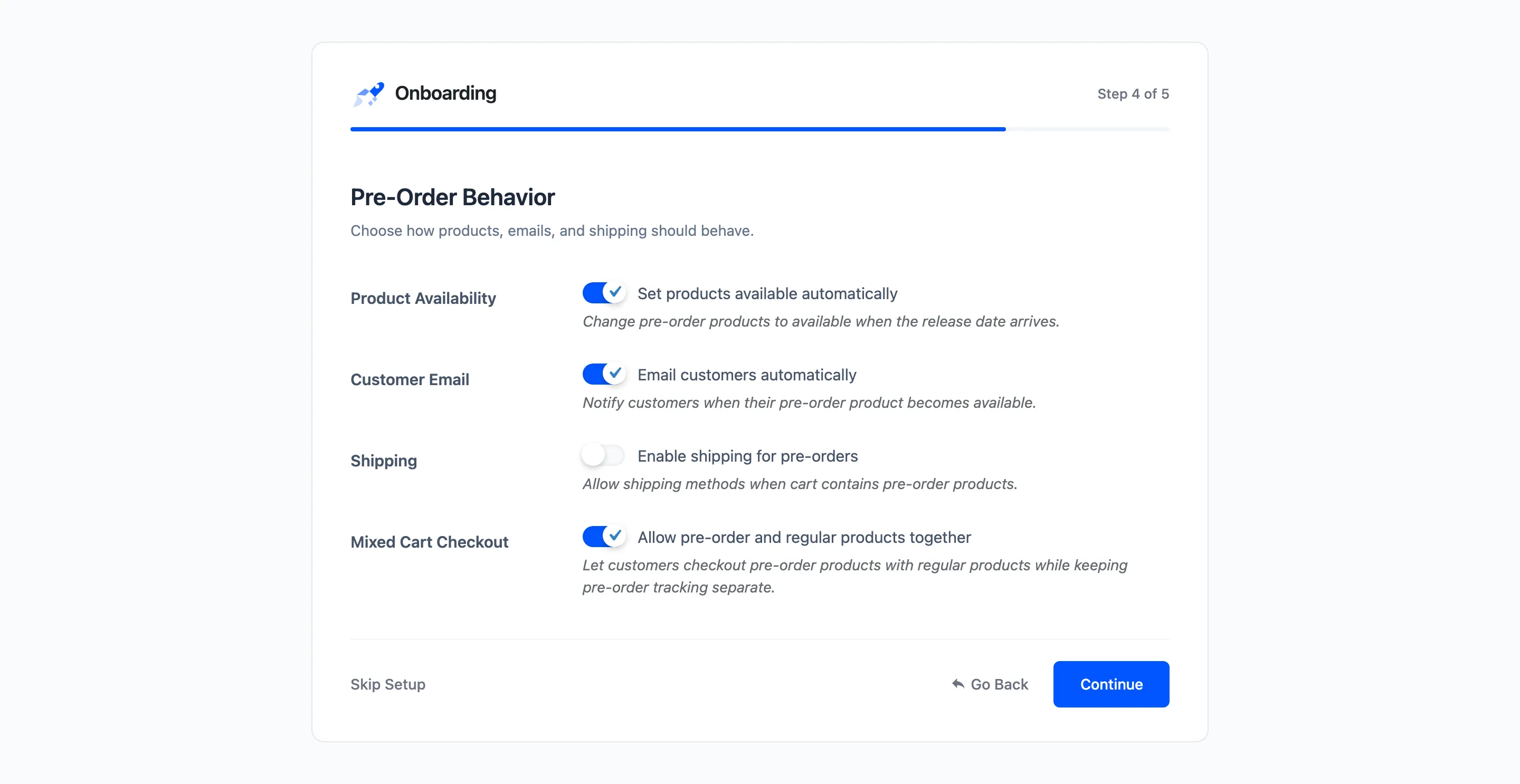 The wizard pre-order behaviour step with its four checkboxes