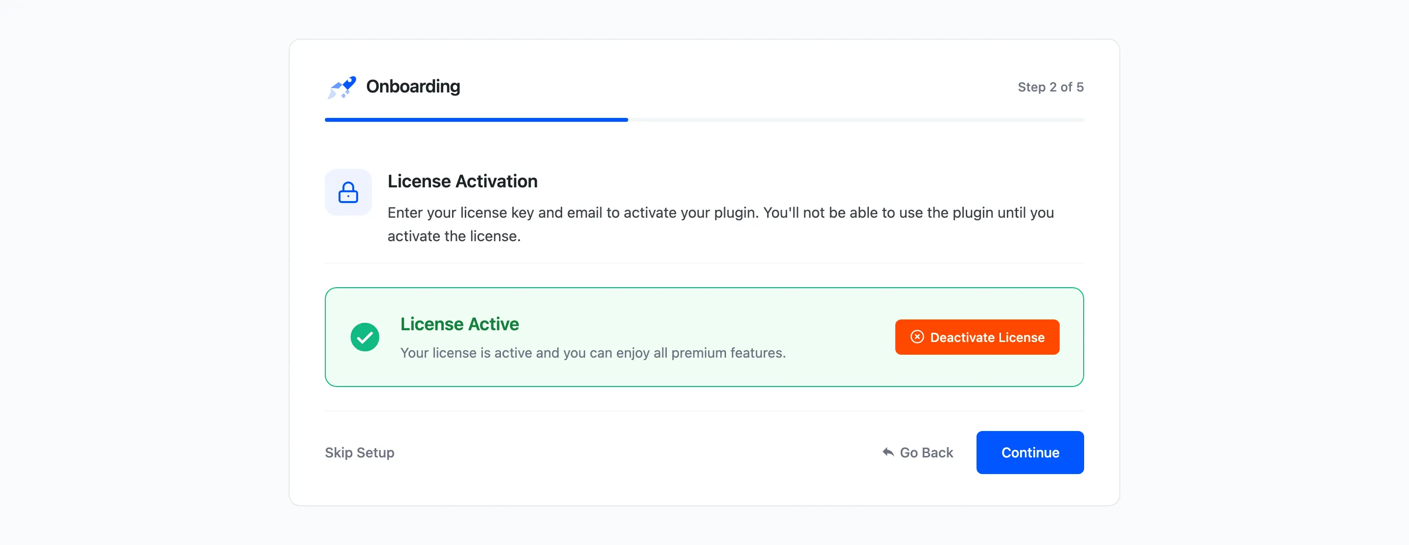 The wizard licence step showing an active licence